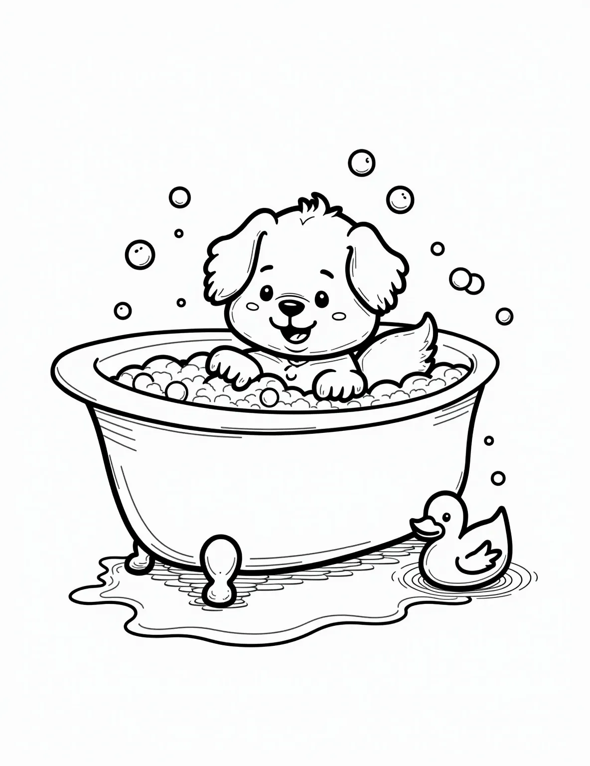 Puppy's First Bath Time Adventure Coloring Page -- prompt: "black lines only Playful puppy in a bubble-filled bathtub, surrounded by chunky outlines. Rubber duck bobbing nearby, water droplets splashing. Simple shapes and bold lines create a joyful scene. Large, empty spaces await vibrant colors. Perfect for children's coloring fun. flat black lines, premium coloring page, coloring sheet, line drawing, Coloring Book, NO COLOR, NO SHADING, WHITE BACKGROUND. NO GRAY, BLACK AND WHITE, NO COLOR" -- Get ready for some sudsy fun with this hilarious bath time scene! A mischievous puppy sits in a bubble-filled bathtub, splashing water everywhere. The pup's playful expression and the rubber ducky floating nearby make this page both entertaining and endearing.