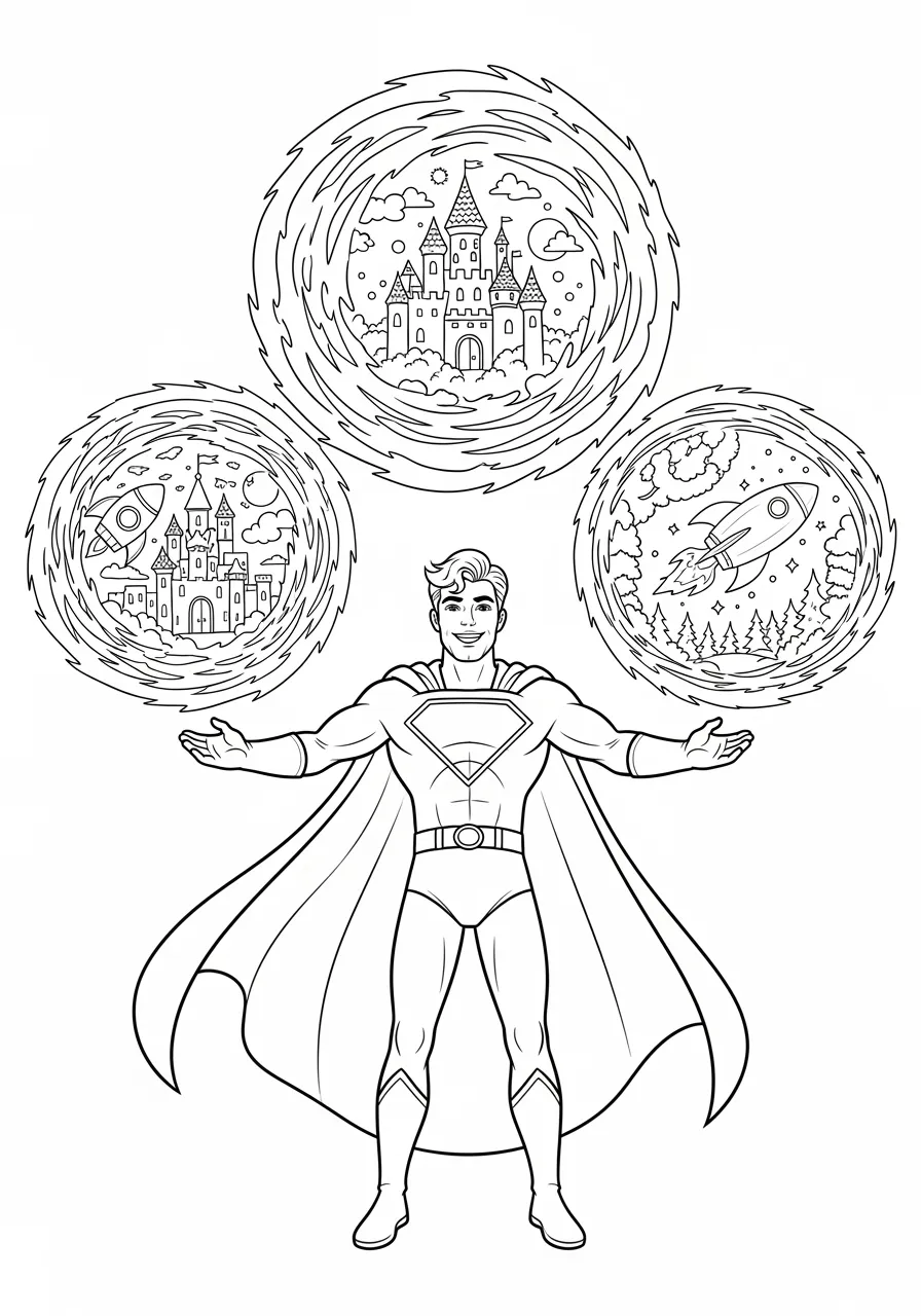 Portal-Creating Hero Opening Dimensional Gateways Coloring Page -- prompt: "black lines only Cheerful superhero with flowing cape stands center stage, arms outstretched creating three large swirling dimensional portals, each gateway showing different fantasy worlds with castles, spaceships, and magical forests, bold black outlines perfect for coloring flat black lines, premium coloring page, coloring sheet, line drawing, Coloring Book, NO COLOR, NO SHADING, WHITE BACKGROUND. NO GRAY, BLACK AND WHITE, NO COLOR" -- An incredible superhero opens swirling portals to other dimensions, with magical gateways showing glimpses of different worlds beyond. The circular portals feature intricate spiral patterns and energy effects that draw the eye toward mysterious destinations. This sci-fi inspired scene allows for creative interpretation of what other dimensions might look like through color choices.