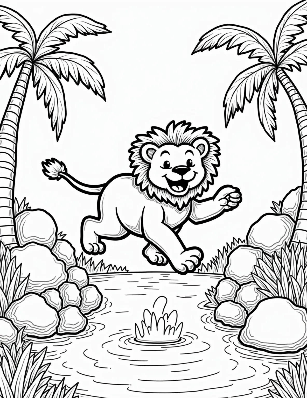 Lion Leaping Over a Stream -- prompt: "black lines only Playful lion outline leaping gracefully over flowing stream. Bold, simplified shapes for easy coloring. Splashing water droplets form fun patterns. Surrounding jungle elements—stylized trees, flowers, rocks. Cheerful scene encourages creativity. Perfect for children's coloring books. Thick, clean lines throughout. flat black lines, premium coloring page, coloring sheet, line drawing, Coloring Book, NO COLOR, NO SHADING, WHITE BACKGROUND. NO GRAY, BLACK AND WHITE, NO COLOR" -- This action-packed scene shows a powerful lion mid-leap as it jumps over a narrow stream. The lion's outstretched body and flowing mane capture the grace and strength of these big cats. The splashing water adds an extra element of excitement to the coloring page.