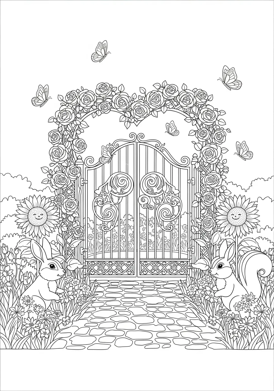 Heart-Shaped Garden Gate Coloring Page -- prompt: "black lines only Fun coloring book style ornate heart-shaped garden gate adorned with climbing roses, cheerful butterflies, smiling flowers, bold black outlines, simple geometric stone path winding through blooming garden beds with friendly cartoon animals flat black lines, premium coloring page, coloring sheet, line drawing, Coloring Book, NO COLOR, NO SHADING, WHITE BACKGROUND. NO GRAY, BLACK AND WHITE, NO COLOR" -- An ornate garden gate formed in the shape of a heart opens to reveal a magical garden path beyond. Climbing roses and heart-shaped flowers wind through the ironwork, while a stone pathway leads to a romantic garden scene. This architectural design combines structure with natural beauty in a romantic setting.
