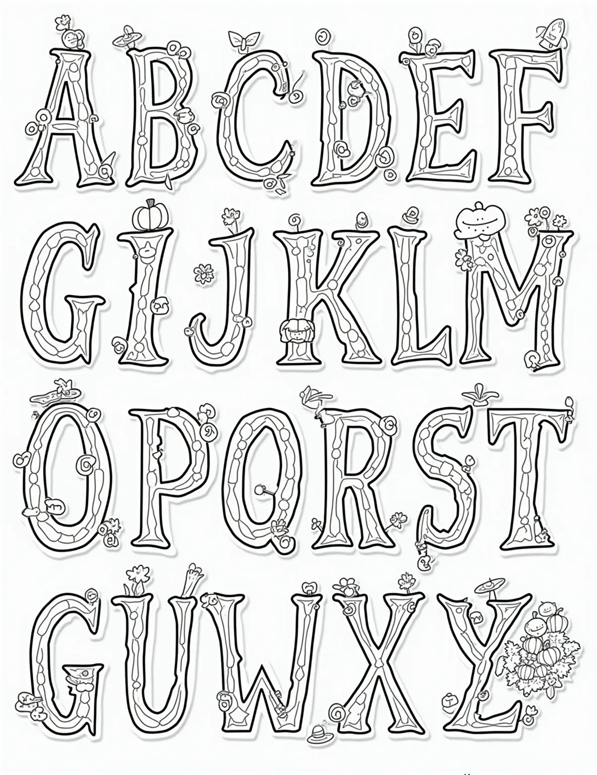 Thanksgiving Alphabet Coloring Page -- prompt: "black lines only Thanksgiving alphabet coloring page: chunky letters A-Z, each paired with holiday-themed word and adorable doodle. Turkeys, pumpkins, and pilgrims dance around page borders. Cornucopias overflow with fruits and vegetables. Leaves fall gently, creating a warm, inviting atmosphere for family-friendly coloring fun. flat black lines, premium coloring page, coloring sheet, line drawing, Coloring Book, NO COLOR, NO SHADING, WHITE BACKGROUND. NO GRAY, BLACK AND WHITE, NO COLOR" -- Learn while you color with this educational Thanksgiving alphabet page. Each letter is accompanied by a Thanksgiving-related word and small illustration, from A for Apple Pie to Z for Zucchini Bread. This page is great for younger children learning their letters and can spark discussions about Thanksgiving vocabulary.