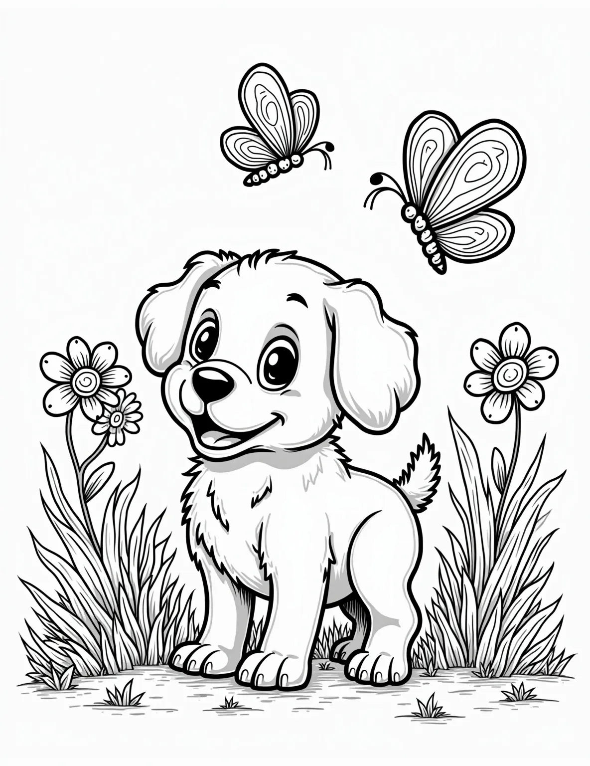 Curious Puppy Exploring the Garden Coloring Page -- prompt: "black lines only Charming coloring page design: Playful puppy with floppy ears explores garden wonderland. Oversized butterfly hovers above, wings adorned with swirling patterns. Stylized flowers with bold outlines and curling vines frame the scene. Cheerful, whimsical lines perfect for coloring fun. flat black lines, premium coloring page, coloring sheet, line drawing, Coloring Book, NO COLOR, NO SHADING, WHITE BACKGROUND. NO GRAY, BLACK AND WHITE, NO COLOR" -- This delightful coloring page depicts an inquisitive puppy discovering the wonders of a lush garden. The pup's nose is curiously pointed towards a colorful butterfly, while flowers and leaves surround the scene. It's a perfect blend of nature and puppy cuteness!