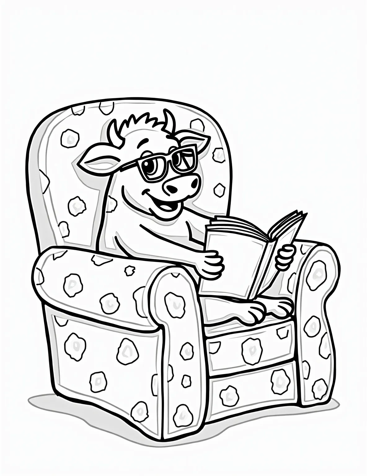 Cow Reading a Book -- prompt: "black lines only Cheerful bovine character lounges in oversized armchair, thick-rimmed glasses perched on snout. Hooves delicately hold open storybook. Bold outlines define cow's spots, chair's texture, book pages. Simple, clean lines perfect for coloring. Whimsical scene radiates cozy, educational atmosphere. Children's coloring page style, fun and engaging. flat black lines, premium coloring page, coloring sheet, line drawing, Coloring Book, NO COLOR, NO SHADING, WHITE BACKGROUND. NO GRAY, BLACK AND WHITE, NO COLOR" -- This endearing coloring page features a cow comfortably seated and reading a book. Wearing glasses and looking engrossed in the story, this studious cow promotes the joy of reading. It's a charming way to encourage literacy and learning.