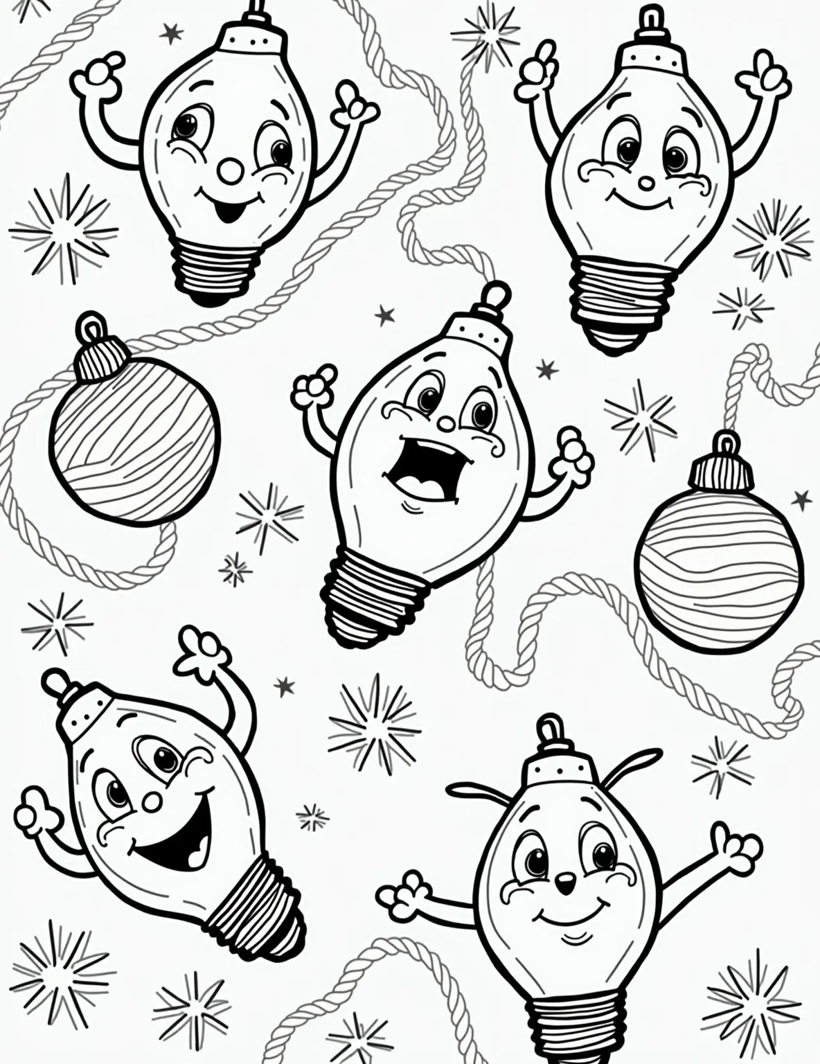 Christmas Light Bulb Diversity Coloring Page -- prompt: "black lines only Cheerful Christmas bulbs dance across a coloring page, each a unique character. Snowflake-shaped lights mingle with star-bright globes and candy cane striped baubles. Swirling lines connect the festive array, inviting colorful creativity. Bold outlines define each jolly luminary, ready for vibrant hues. flat black lines, premium coloring page, coloring sheet, line drawing, Coloring Book, NO COLOR, NO SHADING, WHITE BACKGROUND. NO GRAY, BLACK AND WHITE, NO COLOR" -- This unique coloring page celebrates diversity through a variety of Christmas light bulbs. Each bulb has a different shape, size, or design, representing the beauty of individuality. It's a wonderful way to discuss diversity and inclusion during the holiday season while enjoying a creative coloring activity.