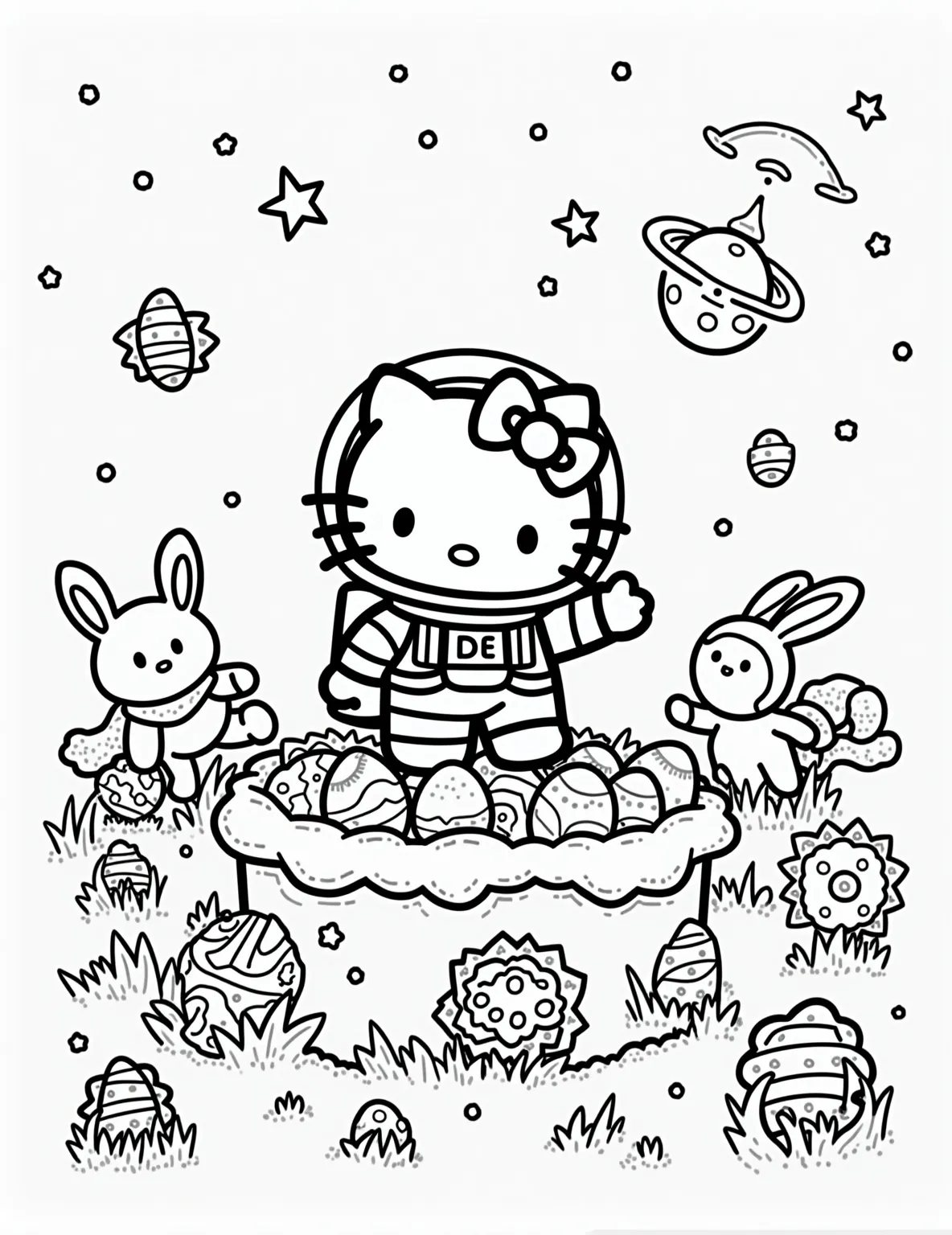 Hello Kitty's Easter Moon Base -- prompt: "black lines only Hello Kitty's lunar Easter celebration: chunky outlines frame a moonbase scene. Simplified shapes depict space-suited Kitty hiding eggs in low-gravity garden. Astronaut bunnies float, seeking eggs. Stars, planets, and Earth backdrop. Bold, flat colors await filling. Child-friendly lunar landscape with Easter motifs. flat black lines, premium coloring page, coloring sheet, line drawing, Coloring Book, NO COLOR, NO SHADING, WHITE BACKGROUND. NO GRAY, BLACK AND WHITE, NO COLOR" -- Blast off to space with Hello Kitty in this out-of-this-world Easter coloring page. She's celebrating Easter on a moon base, complete with a dome-covered garden growing Easter lilies and carrots. Hello Kitty and her astronaut friends are having a low-gravity Easter egg hunt among moon craters and stars.