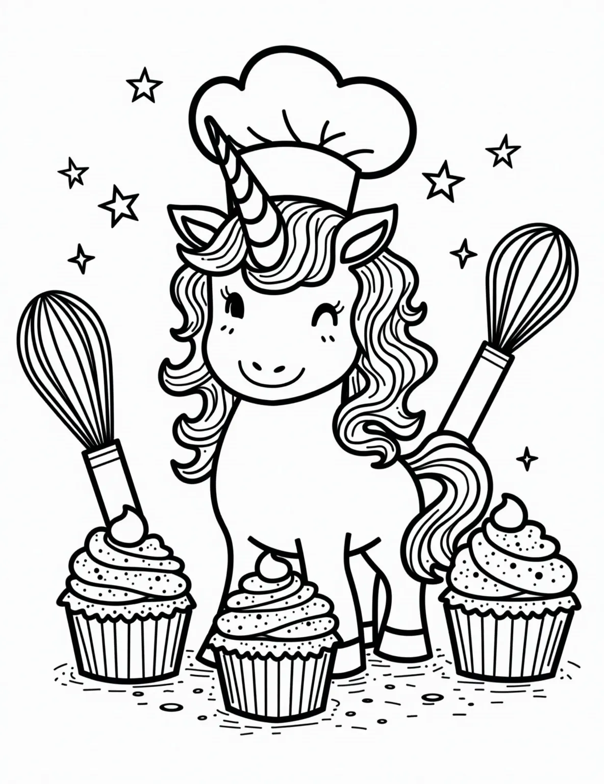 Unicorn's Cupcake Bakery Delight -- prompt: "black lines only Cheerful unicorn donning frilly baker's hat, mane swirled like frosting. Surrounded by bold, simple cupcake outlines and exaggerated baking tools. Thick black lines define each element, perfect for coloring. Sprinkles and stars scatter playfully across the page. Fun, whimsical scene flat black lines, premium coloring page, coloring sheet, line drawing, Coloring Book, NO COLOR, NO SHADING, WHITE BACKGROUND. NO GRAY, BLACK AND WHITE, NO COLOR" -- Step into a world of sweetness with this charming coloring page featuring a unicorn in a cupcake bakery. The scene is filled with simple cupcake shapes, a mixing bowl, and baking utensils, all waiting to be brought to life with color. It's a delightful way for young children to explore their creativity while imagining the yummy treats they could make with their magical unicorn friend.