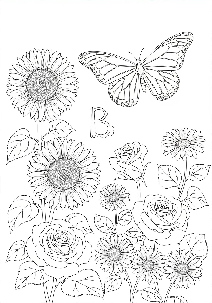 Beautiful Butterfly's Blooming Garden Ballet Coloring Page -- prompt: "black lines only Bold black outlines define a cheerful monarch butterfly tracing a distinctive B-shaped flight path through a garden paradise filled with large sunflowers, roses, and daisies, perfect for creative coloring adventures. flat black lines, premium coloring page, coloring sheet, line drawing, Coloring Book, NO COLOR, NO SHADING, WHITE BACKGROUND. NO GRAY, BLACK AND WHITE, NO COLOR" -- Flutter into learning with this graceful 'B' coloring page showcasing a monarch butterfly dancing among bright flowers! The butterfly's wings and flight path naturally form the letter B as it moves from bloom to bloom in a vibrant garden setting. This nature-inspired page teaches the second letter of the alphabet while celebrating the important role butterflies play in pollination.