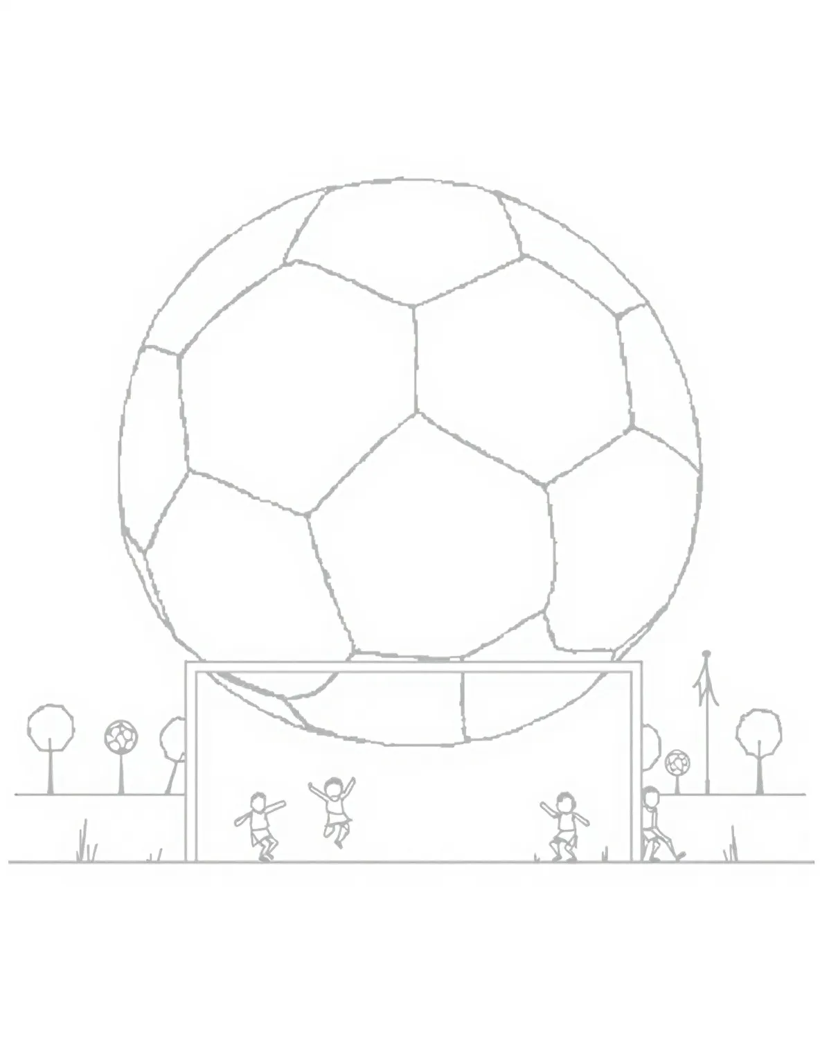 Pentagonal Soccer Ball Fun -- prompt: "black lines only Oversized soccer ball dominates the page, its bold pentagonal and hexagonal pattern begging to be filled with vibrant hues. Thick, playful outlines define each shape, inviting creativity. Scattered around, tiny soccer players and goalposts await coloring, adding whimsy to this sports-themed masterpiece. flat black lines, premium coloring page, coloring sheet, line drawing, Coloring Book, NO COLOR, NO SHADING, WHITE BACKGROUND. NO GRAY, BLACK AND WHITE, NO COLOR" -- Kick off shape learning with this sports-themed coloring page. A large soccer ball showcases the pentagonal shapes that make up its surface. This page is great for discussing sports and geometry, and how shapes are used in everyday objects.