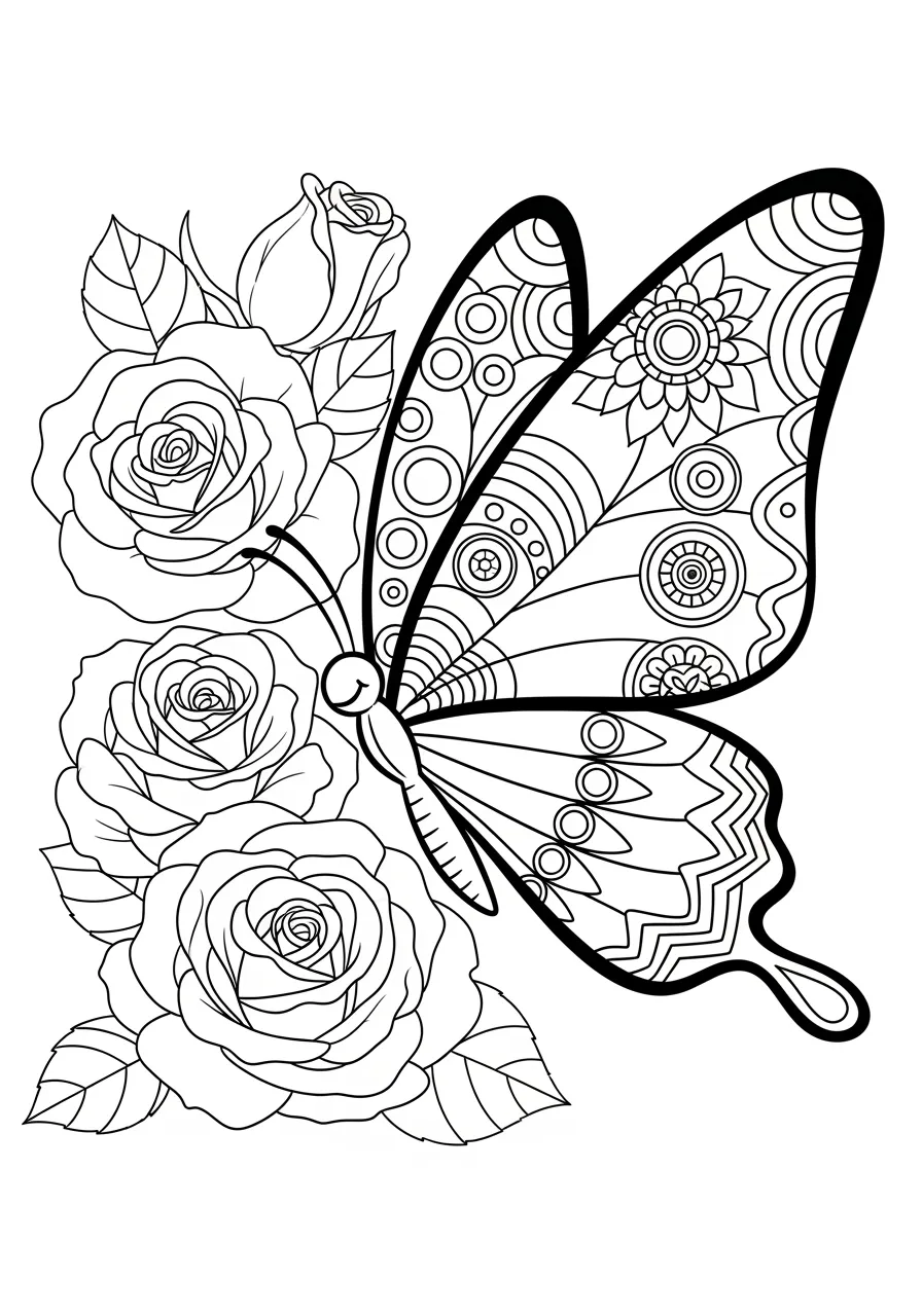 Graceful Butterfly Dance in Rose Garden Coloring Page -- prompt: "black lines only Cheerful butterfly with bold geometric wing patterns featuring circles, stripes, and mandala designs dancing playfully around large blooming roses with thick black outlines, perfect for a fun coloring book page with clear defined spaces flat black lines, premium coloring page, coloring sheet, line drawing, Coloring Book, NO COLOR, NO SHADING, WHITE BACKGROUND. NO GRAY, BLACK AND WHITE, NO COLOR" -- This elegant coloring page showcases a beautiful butterfly gracefully dancing among blooming roses in a classic garden setting. The intricate wing details and delicate rose petals provide the perfect balance of simple and complex elements for colorists of all skill levels. Children will love choosing bright, cheerful colors while adults can experiment with subtle shading techniques to bring this romantic garden scene to life.