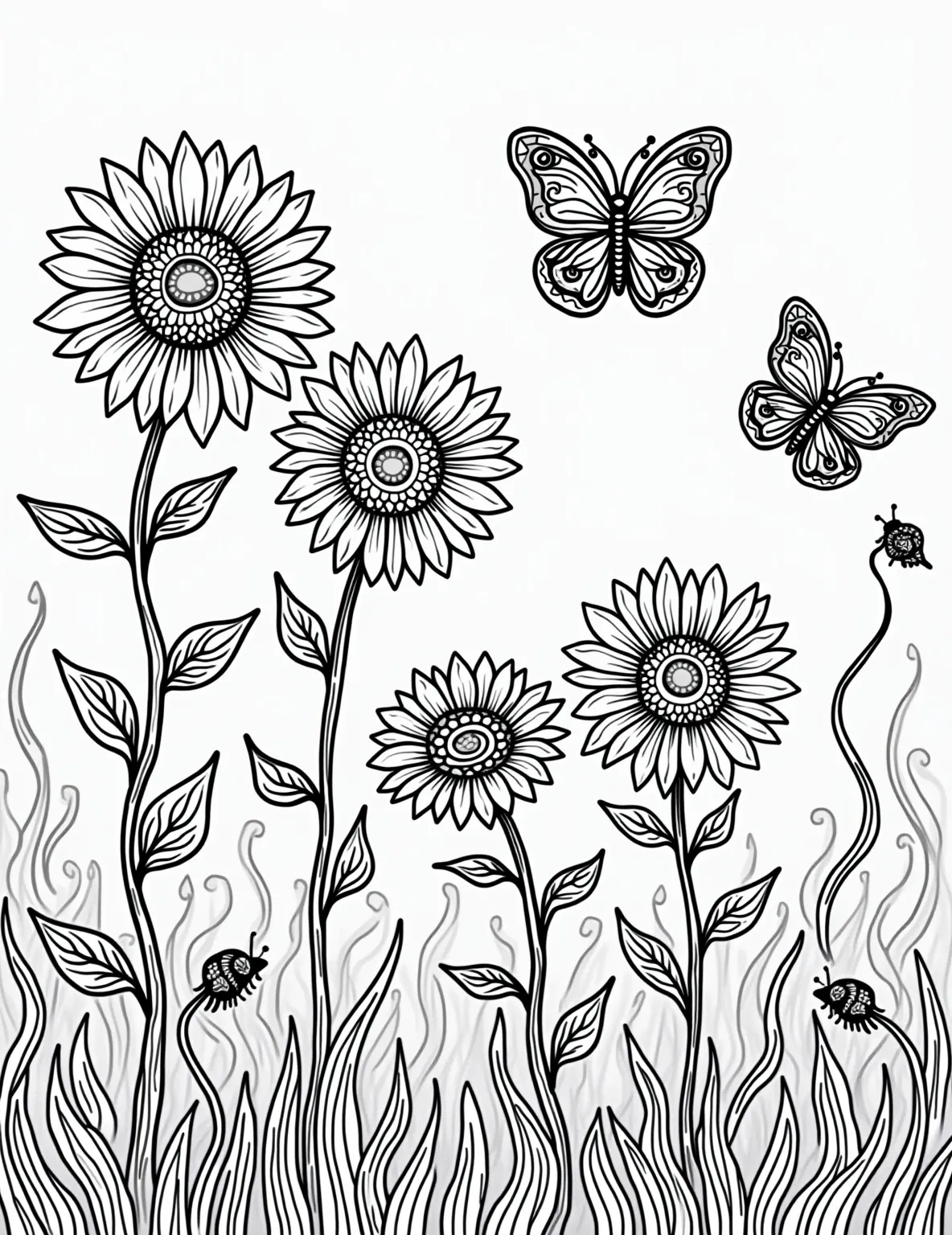 Snowflake Butterfly Garden -- prompt: "black lines only Whimsical garden coloring page. Oversized flowers with bold outlines. Butterflies with snowflake-patterned wings, thick lines defining each crystal. Swirling vines connect elements. Empty spaces invite creativity. Playful insects hide among petals. Chunky leaves frame the scene. Curling tendrils add movement. flat black lines, premium coloring page, coloring sheet, line drawing, Coloring Book, NO COLOR, NO SHADING, WHITE BACKGROUND. NO GRAY, BLACK AND WHITE, NO COLOR" -- Combine the delicate beauty of butterflies and snowflakes in this enchanting garden scene. Butterfly wings are adorned with intricate snowflake patterns, creating a whimsical winter-meets-spring atmosphere. It's a page full of grace and transformation.