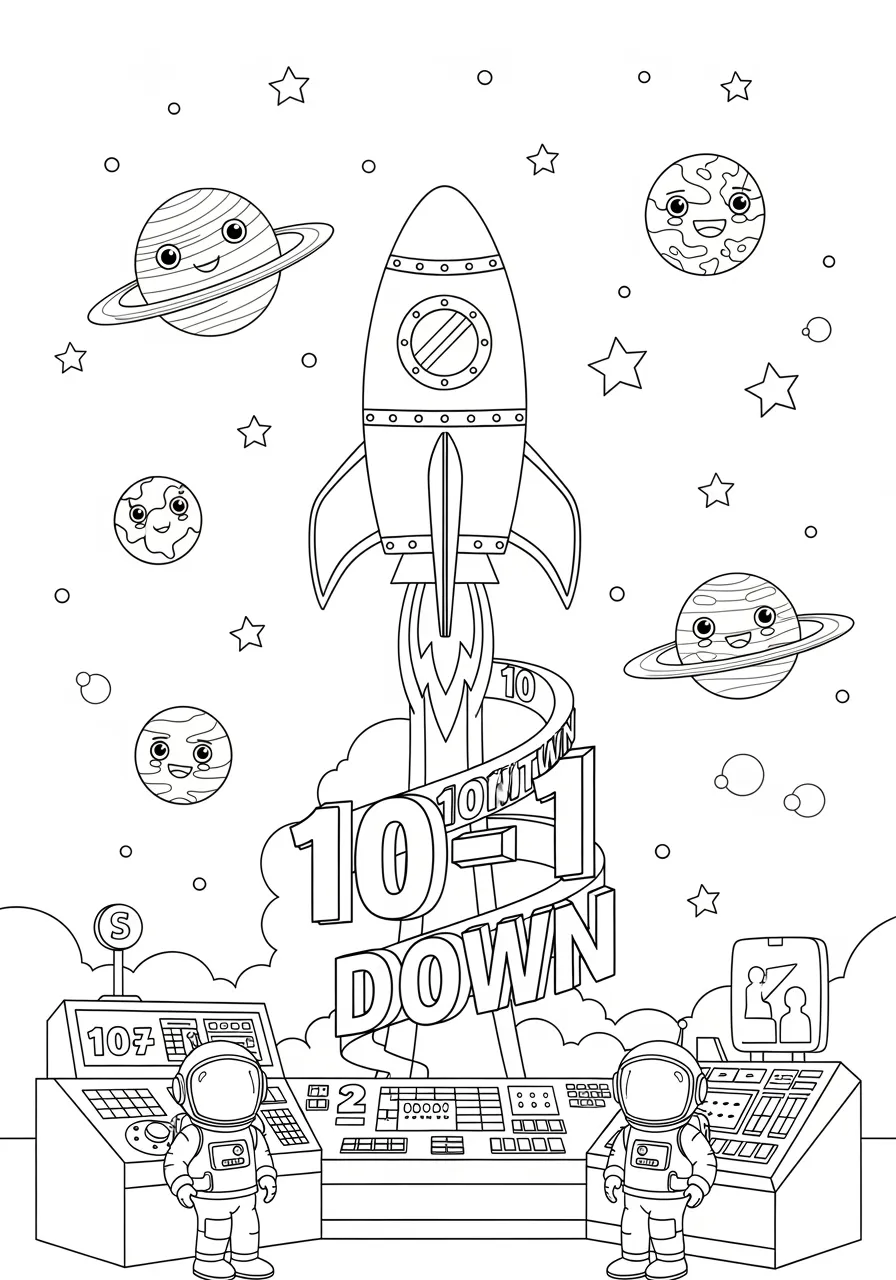 Number Rocket Launch Countdown Coloring Page -- prompt: "black lines only Fun coloring book style rocket ship blasting off with bold countdown numbers 10-1 floating around it, busy mission control room featuring numbered control panels and signs, cheerful numbered planets with smiling faces scattered across the starry background space scene flat black lines, premium coloring page, coloring sheet, line drawing, Coloring Book, NO COLOR, NO SHADING, WHITE BACKGROUND. NO GRAY, BLACK AND WHITE, NO COLOR" -- Prepare for liftoff with this exciting space adventure featuring a rocket countdown from 10 to 1! Mission control operators hold up numbered signs while the rocket displays each countdown number on its side. Planets in the background are labeled with numbers up to 20, making this an astronomical counting experience.