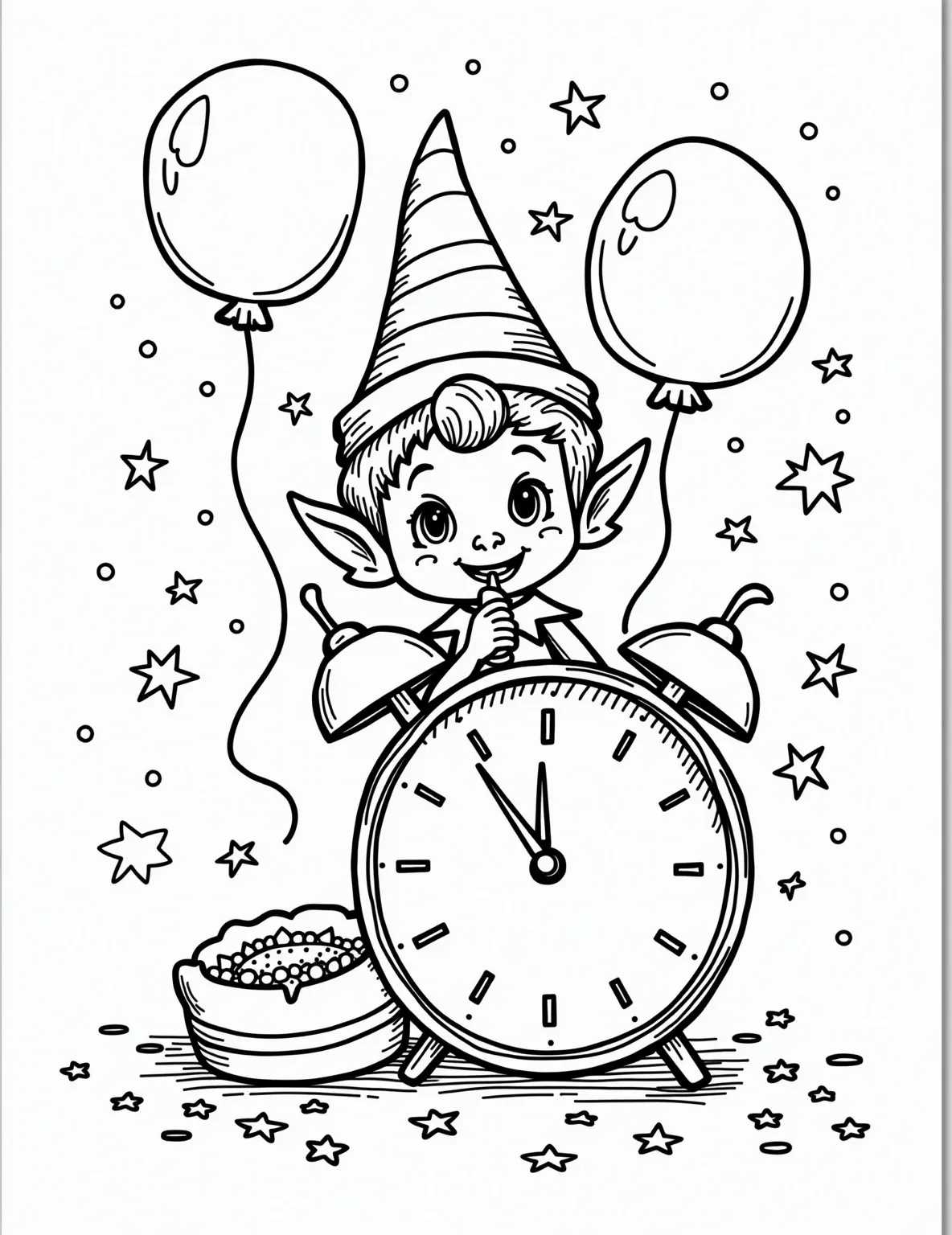 Elf's New Year's Eve Celebration -- prompt: "black lines only Cheerful Elf on Shelf character in bold outline, wearing pointy hat and party hat. Noisemaker in hand, surrounded by large confetti pieces, balloons, and clock striking midnight. Simple shapes for easy coloring. Joyful expression, celebrating New Year's Eve. Festive scene with flat black lines, premium coloring page, coloring sheet, line drawing, Coloring Book, NO COLOR, NO SHADING, WHITE BACKGROUND. NO GRAY, BLACK AND WHITE, NO COLOR" -- Ring in the New Year with our festive Elf on the Shelf in this jubilant coloring page. The elf is shown wearing a party hat and blowing a noisemaker, surrounded by confetti, balloons, and a giant clock striking midnight. This page captures all the excitement and joy of New Year's Eve celebrations.