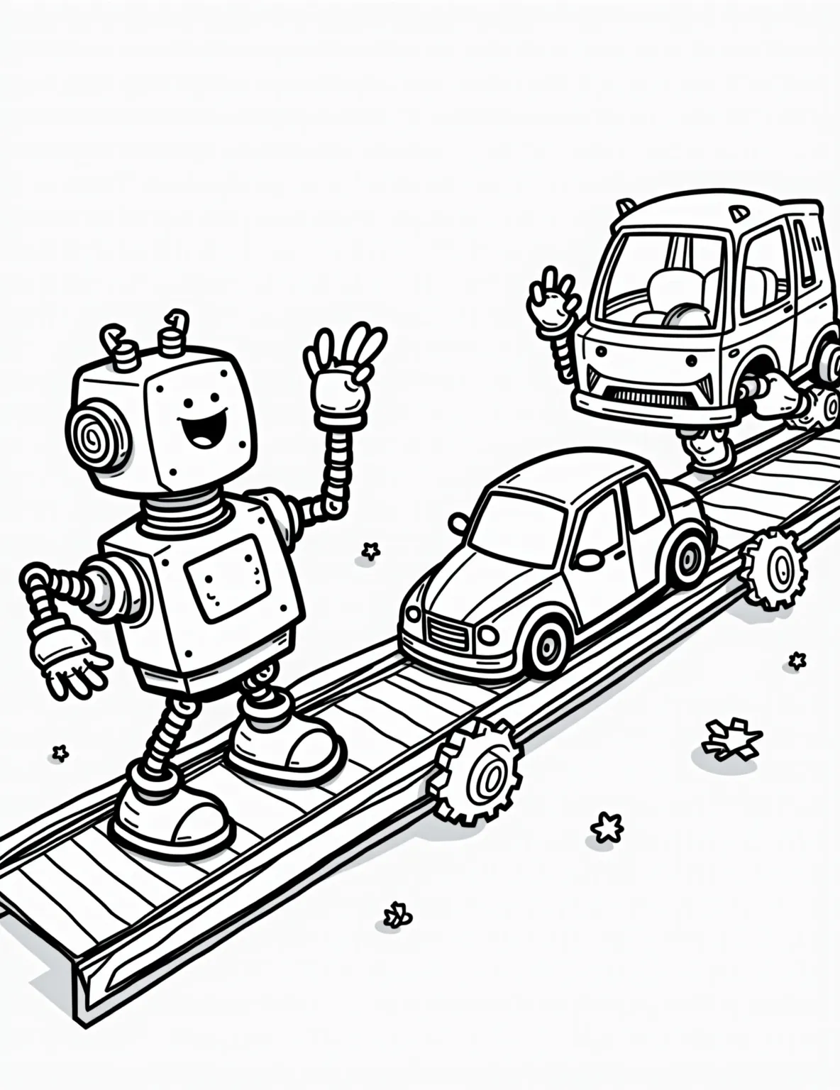 Car Factory Robot Assembly Line -- prompt: "black lines only Cheerful robotic arms with smiley faces dance along a zigzag conveyor belt, playfully assembling cartoon cars. Chunky outlines define colorable sections of partially built vehicles, gears, and factory elements. Bubbly speech bubbles await creative filling with onomatopoeias. A whimsical scene flat black lines, premium coloring page, coloring sheet, line drawing, Coloring Book, NO COLOR, NO SHADING, WHITE BACKGROUND. NO GRAY, BLACK AND WHITE, NO COLOR" -- Explore the fascinating world of modern car manufacturing with this detailed coloring page. Watch as robotic arms work in perfect harmony to assemble vehicles on a busy factory floor. This educational scene is perfect for curious minds interested in how things are made and the intersection of technology and automobiles.