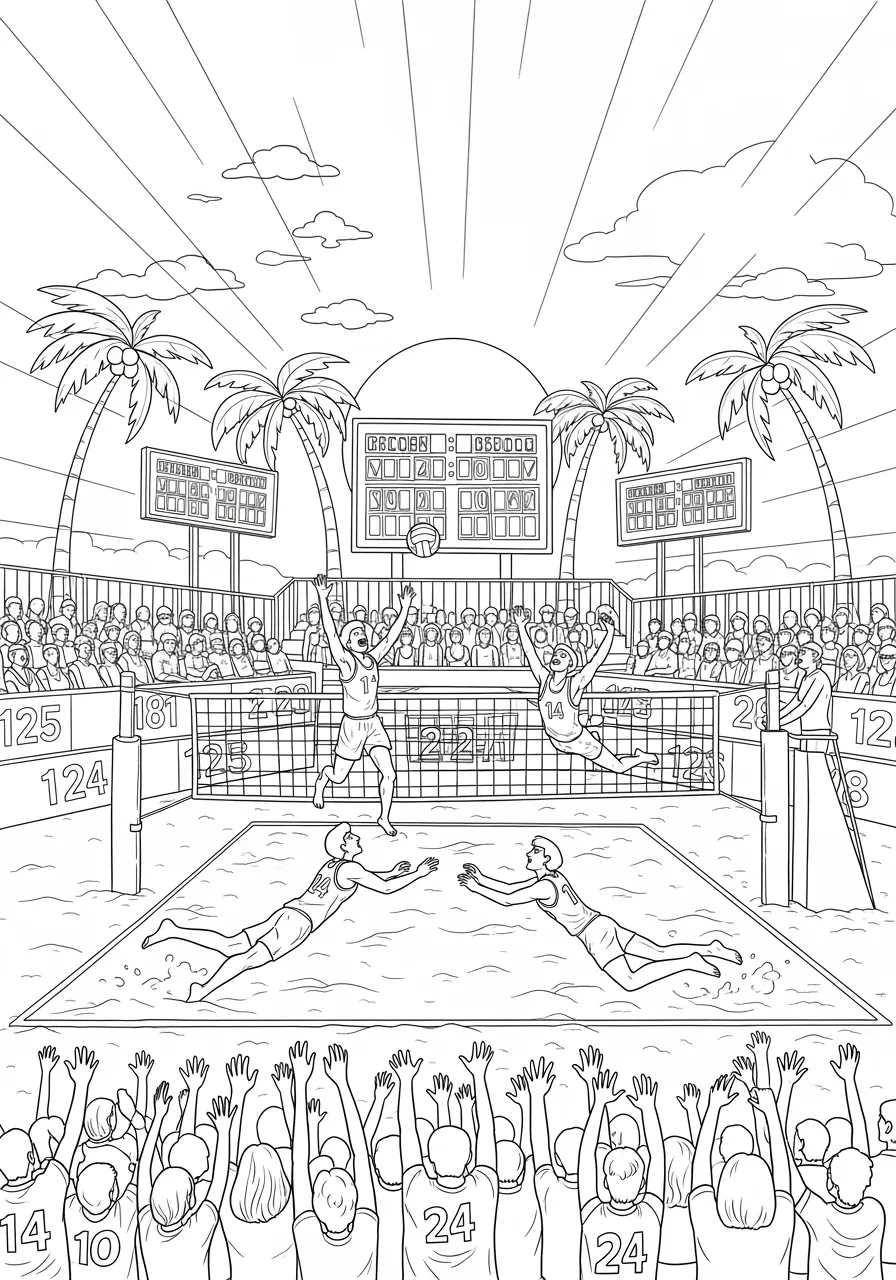 Number Beach Volleyball Tournament Coloring Page -- prompt: "black lines only Fun coloring book style beach volleyball tournament scene with smiling players wearing bold numbered jerseys 1-24, jumping and diving on sandy court, large digital scoreboards, colorful numbered beach chairs arranged courtside, palm trees, sun rays, and cheerful spectators waving flat black lines, premium coloring page, coloring sheet, line drawing, Coloring Book, NO COLOR, NO SHADING, WHITE BACKGROUND. NO GRAY, BLACK AND WHITE, NO COLOR" -- Spike your way to victory at this beach volleyball tournament where teams wear numbered jerseys from 1 to 24! The scoreboard displays match numbers while spectators cheer from numbered beach chairs. Sand castles in the background feature numbered flags, making this sunny scene a perfect blend of sports and counting.