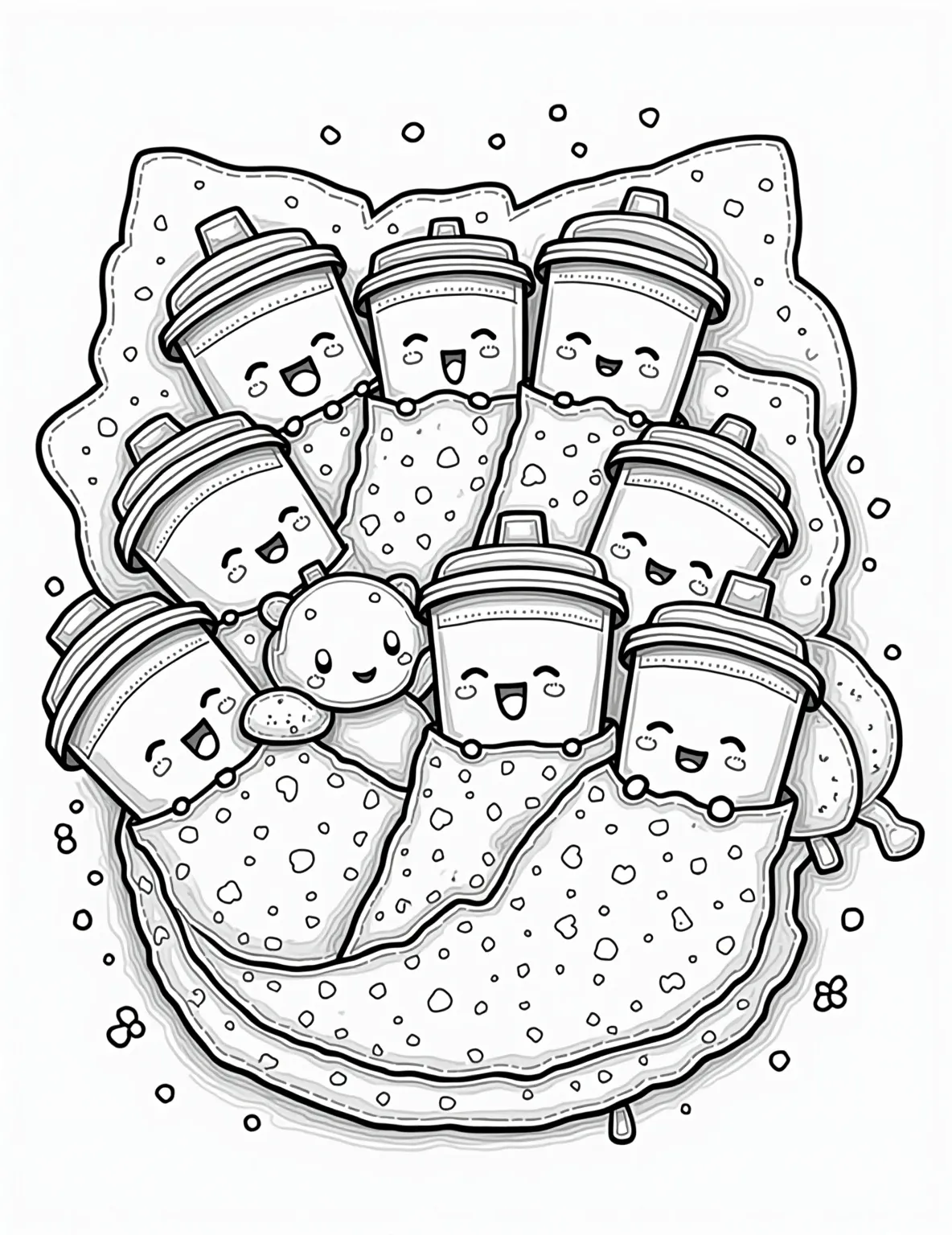 Kawaii Boba Tea Slumber Party -- prompt: "black lines only Adorable anthropomorphic boba tea cups nestled in colorful sleeping bags, outlined in bold black lines. Kawaii-style snacks, pillows, and stuffed animals surround them. Simple shapes and patterns create a playful coloring book page, perfect for creative customization. Cheerful expressions and flat black lines, premium coloring page, coloring sheet, line drawing, Coloring Book, NO COLOR, NO SHADING, WHITE BACKGROUND. NO GRAY, BLACK AND WHITE, NO COLOR" -- This adorable coloring page features a cozy slumber party scene with cute boba tea characters. Smiling boba cups are nestled in sleeping bags, sharing stories and snacks. The background includes whimsical details like a tapioca pearl pillow fight and a nightstand with milk tea and cookies.