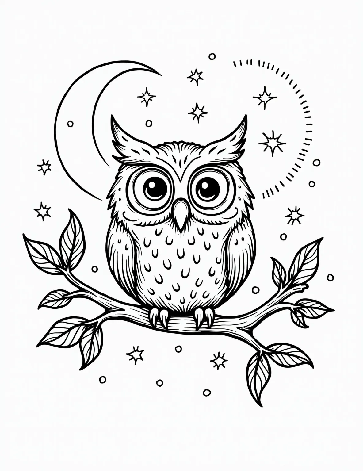 Wise Owl's Moonlit Perch Coloring Page -- prompt: "black lines only Playful owl with big eyes perched on twisted tree branch. Moon's smiling face beams behind. Stars dance as connect-the-dots. Thick outlines define shapes. Leaves, feathers, and bark patterns await coloring. Night sky background ready for creative filling. Fun, simple design for flat black lines, premium coloring page, coloring sheet, line drawing, Coloring Book, NO COLOR, NO SHADING, WHITE BACKGROUND. NO GRAY, BLACK AND WHITE, NO COLOR" -- Embrace the mystery of night with this captivating owl coloring page. The wise bird perched on an ancient tree branch under a full moon creates an enchanting nocturnal scene. Perfect for those who appreciate night animals and atmospheric coloring pages.