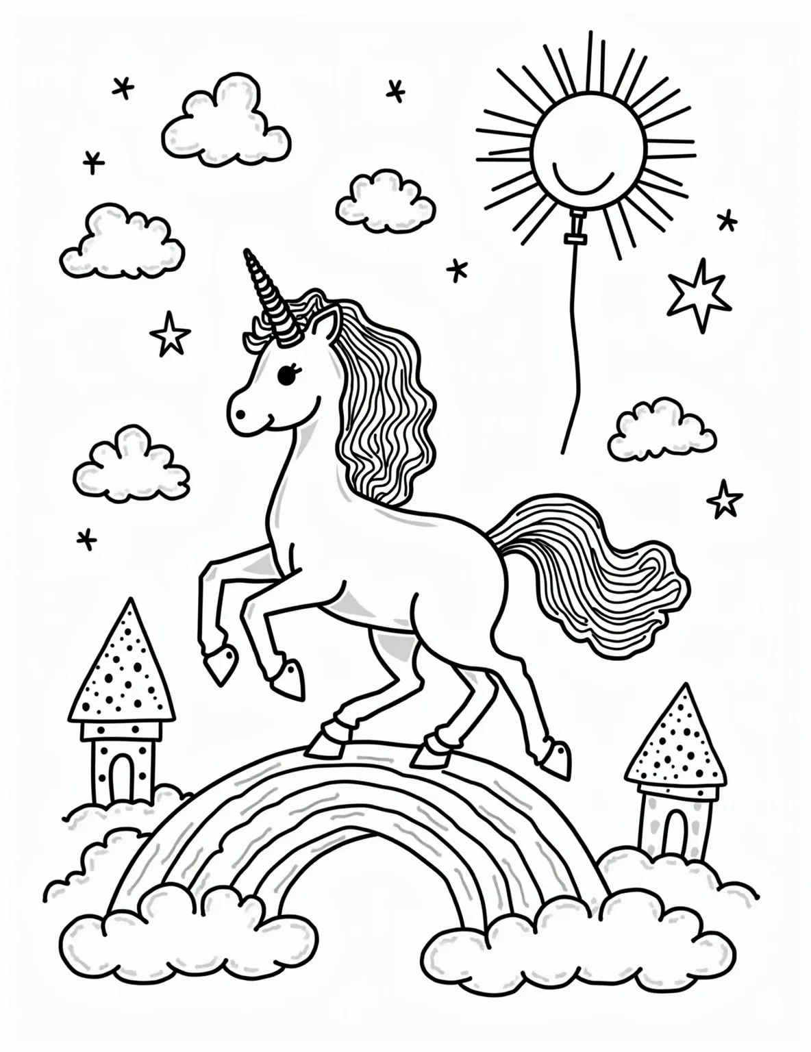 Unicorn's Balloon Parade -- prompt: "black lines only Magical unicorn with spiral horn and flowing mane soars through puffy clouds, lifted by cheerful balloon shapes. Simple, bold outlines perfect for coloring. Stars, rainbows, and smiling sun surround the scene. Whimsical adventure awaits in this enchanting sky playground. flat black lines, premium coloring page, coloring sheet, line drawing, Coloring Book, NO COLOR, NO SHADING, WHITE BACKGROUND. NO GRAY, BLACK AND WHITE, NO COLOR" -- This uplifting coloring page features a unicorn floating through the sky, carried by a bunch of colorful balloons. The balloons are simple oval shapes, perfect for practicing color selection and staying within the lines. Toddlers will enjoy imagining where the unicorn might be floating off to on its balloon adventure.