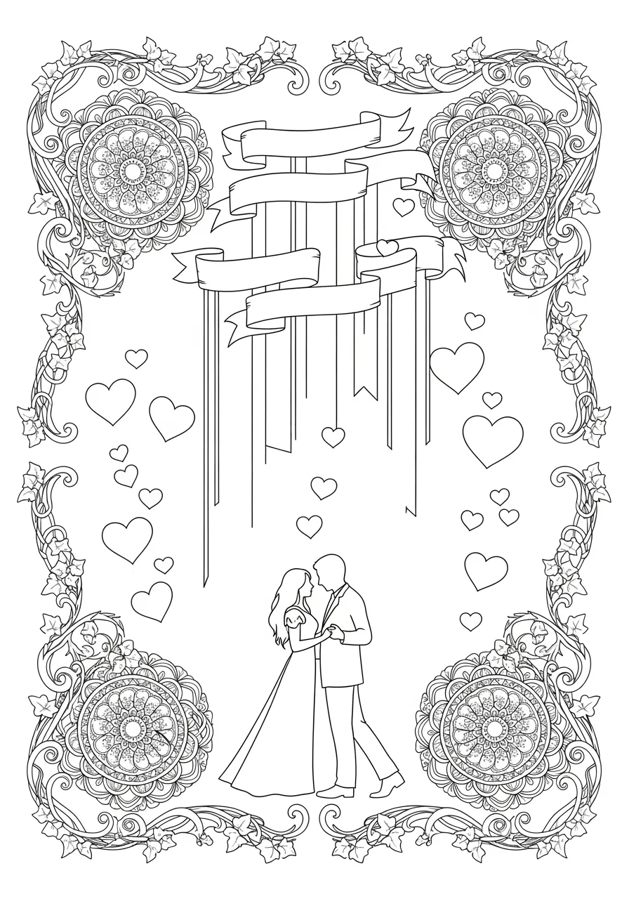 Romantic Couple Silhouette Coloring Page -- prompt: "black lines only Fun coloring book page featuring romantic couple silhouettes embracing beneath flowing ribbons, surrounded by mandala-style circular patterns, ornate Victorian borders with swirling vines, scattered floating hearts, and decorative flourishes creating joyful spaces for creative coloring adventures flat black lines, premium coloring page, coloring sheet, line drawing, Coloring Book, NO COLOR, NO SHADING, WHITE BACKGROUND. NO GRAY, BLACK AND WHITE, NO COLOR" -- This elegant adult coloring page features the silhouettes of a romantic couple surrounded by intricate pattern work and decorative elements. The sophisticated design combines negative space with detailed ornamental borders, creating a unique coloring challenge that results in stunning artwork. Perfect for those who appreciate the artistic beauty of silhouette art combined with romantic themes.