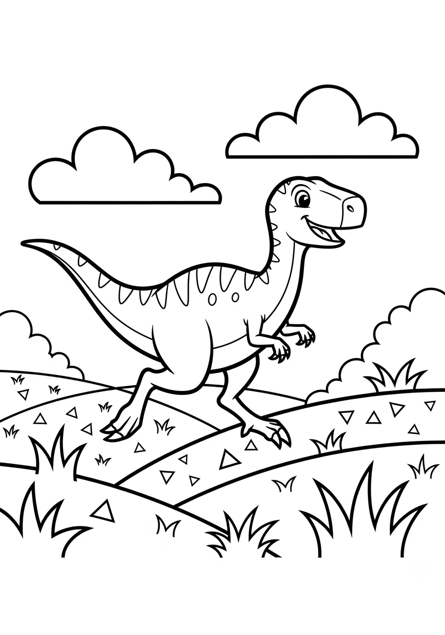 Swift Ornithomimus Racing Across Plains Coloring Page -- prompt: "black lines only Cheerful Ornithomimus dinosaur with bold black outlines sprinting joyfully across rolling prehistoric meadows, simple geometric grass patterns, puffy clouds above, friendly expression, clean line art perfect for children's coloring books, educational paleontology theme with playful cartoon styling flat black lines, premium coloring page, coloring sheet, line drawing, Coloring Book, NO COLOR, NO SHADING, WHITE BACKGROUND. NO GRAY, BLACK AND WHITE, NO COLOR" -- Feel the speed and agility of this ostrich-like Ornithomimus as it races across vast prehistoric plains with incredible grace and momentum. This fleet-footed dinosaur's streamlined body and powerful legs are captured in full stride, creating a sense of dynamic movement. It's an excellent choice for those who appreciate the athletic abilities and elegant forms found in the dinosaur kingdom.
