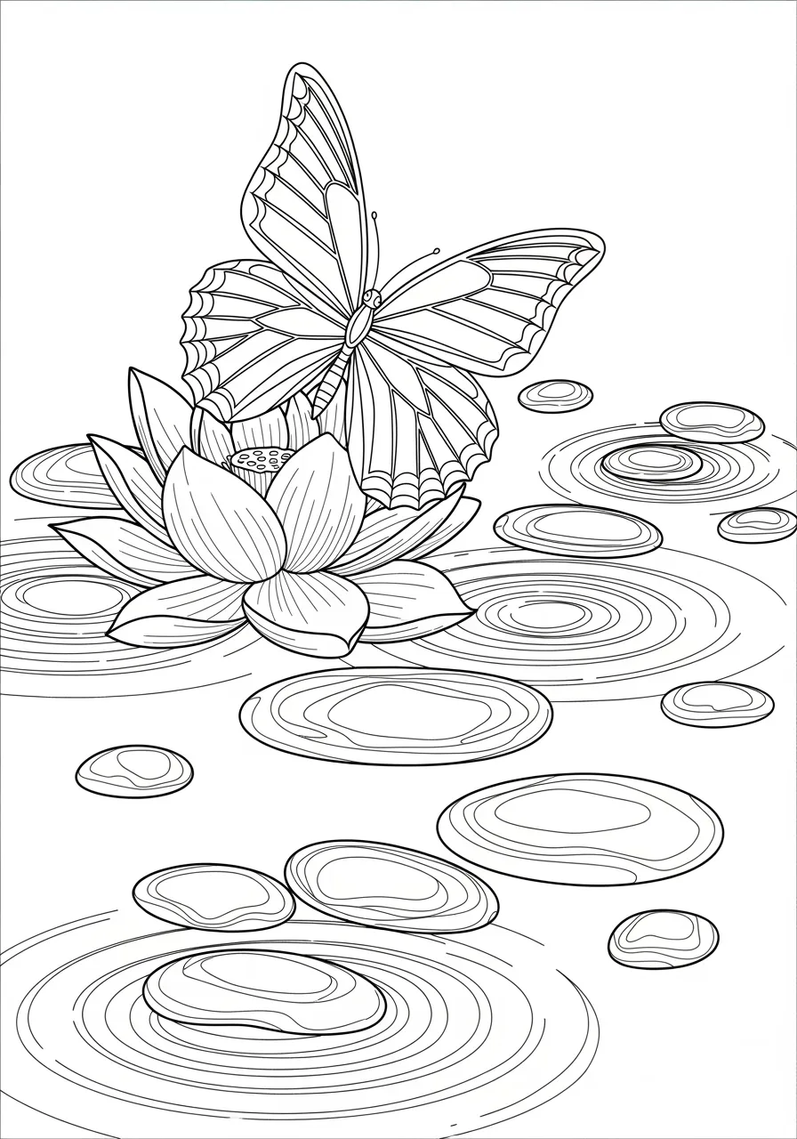 Zen Butterfly Garden Meditation Coloring Page -- prompt: "black lines only Fun coloring book page featuring a cheerful butterfly with bold wing patterns perched on a blooming lotus flower, surrounded by zen garden elements including stepping stones, rippling water circles, and decorative rocks with simple outlines flat black lines, premium coloring page, coloring sheet, line drawing, Coloring Book, NO COLOR, NO SHADING, WHITE BACKGROUND. NO GRAY, BLACK AND WHITE, NO COLOR" -- Find peace and tranquility with this calming butterfly resting on a lotus flower in a serene zen garden setting complete with peaceful water elements. The balanced composition and flowing lines create a meditative atmosphere perfect for stress relief and mindful coloring practices. Adult colorists will appreciate the harmonious design that promotes relaxation while celebrating the spiritual symbolism of transformation that butterflies represent.