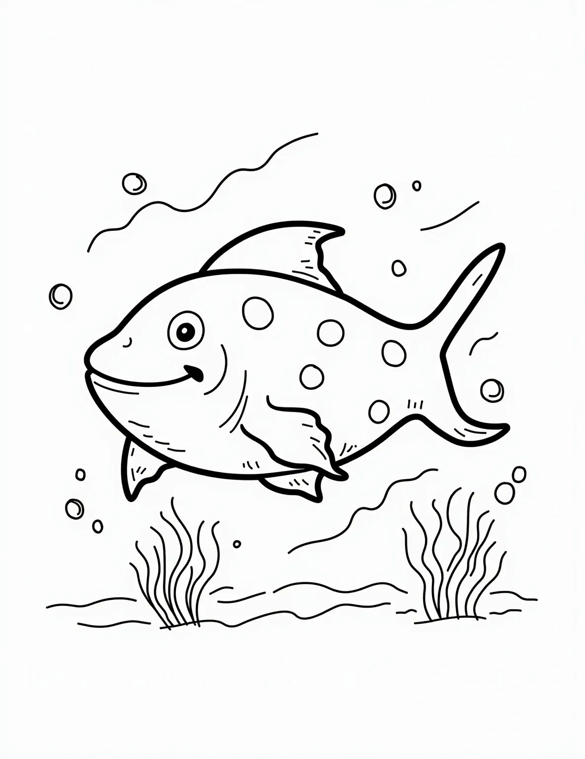 Deep Sea Lanternshark Glow -- prompt: "black lines only Playful lanternshark outline with bold, thick lines. Bioluminescent spots as empty circles. Simplified deep-sea background with wavy lines. Cute, rounded fins and tail. Bubbles and stylized plankton floating nearby. Fun, easy-to-color design for all ages. Coloring book page style, fun coloring book style coloring page. flat black lines, premium coloring page, coloring sheet, line drawing, Coloring Book, NO COLOR, NO SHADING, WHITE BACKGROUND. NO GRAY, BLACK AND WHITE, NO COLOR" -- Illuminate your coloring experience with this deep-sea lanternshark coloring page. The bioluminescent shark is shown in its dark, deep-ocean habitat, ready to be brought to life with glowing colors. It's an intriguing choice for those interested in unusual marine species.