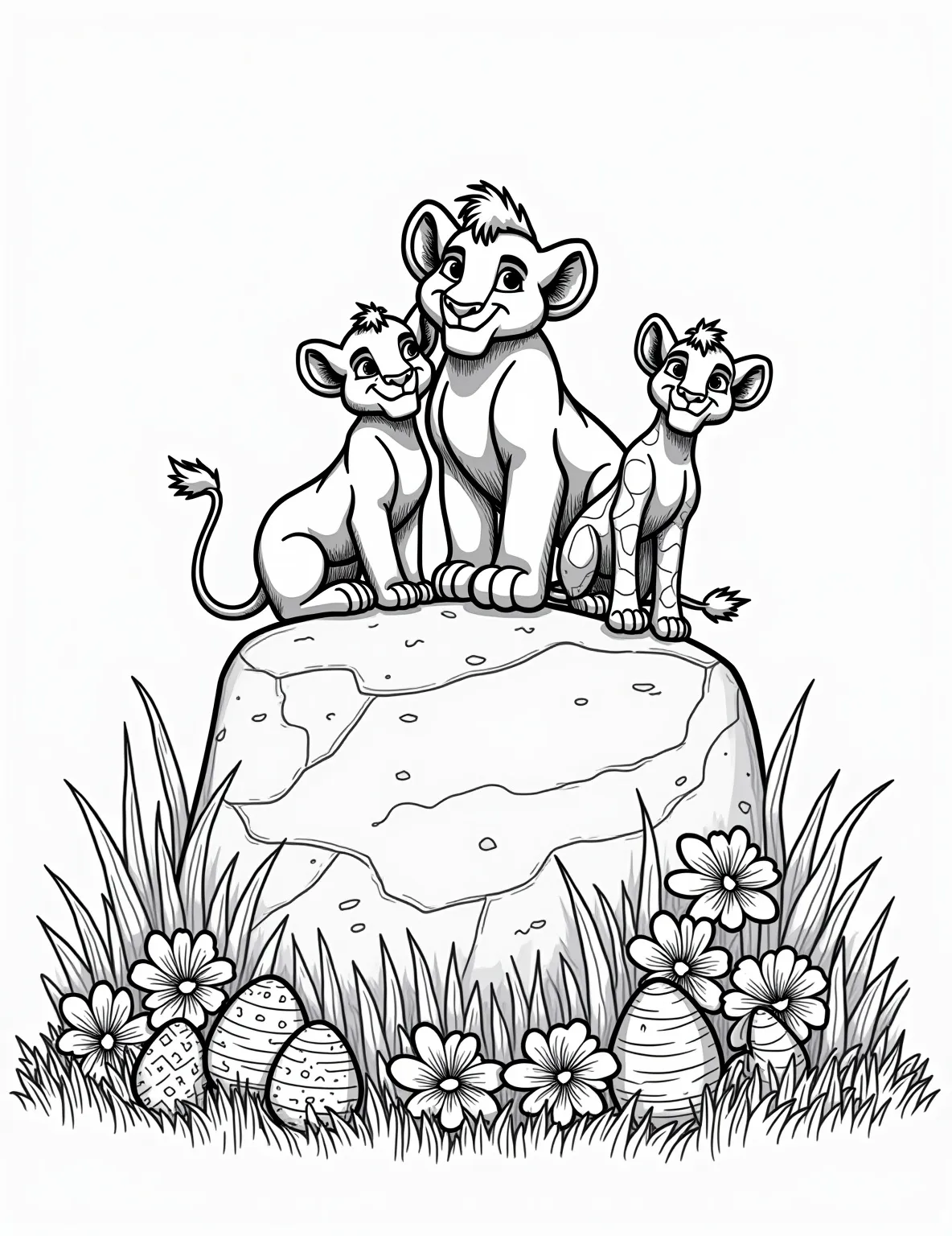 Simba's Pride Easter Celebration -- prompt: "black lines only Cartoon-style Pride Rock adorned with pastel Easter eggs and vibrant African flowers. Simba, Nala, and Kiara posed regally atop, surrounded by bold outlines. Below, simplified giraffe, elephant, and zebra silhouettes gaze upward. Empty spaces await colorful creativity. Joyful savanna celebration flat black lines, premium coloring page, coloring sheet, line drawing, Coloring Book, NO COLOR, NO SHADING, WHITE BACKGROUND. NO GRAY, BLACK AND WHITE, NO COLOR" -- Join Simba and his family in this majestic Easter coloring page. Simba, Nala, and Kiara are gathered on Pride Rock, which has been decorated with Easter eggs and spring flowers. African animals watch the celebration from below, creating a unique Easter scene.