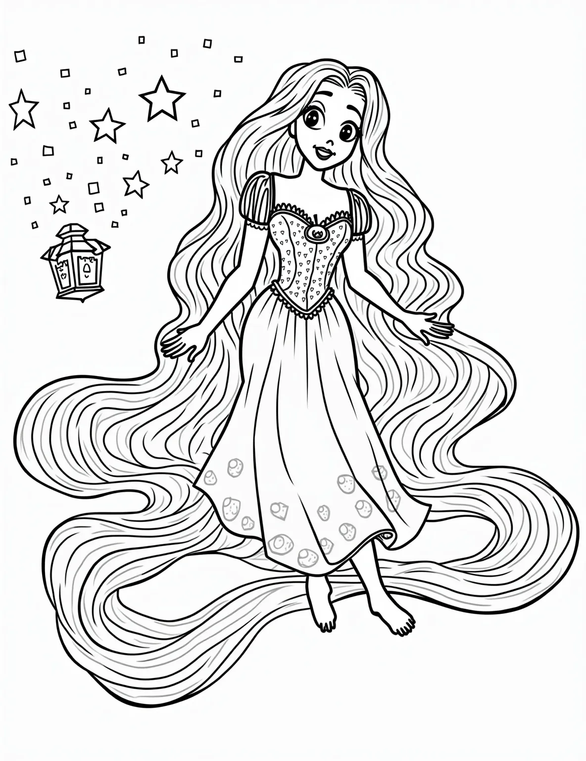 Rapunzel's Lantern Festival -- prompt: "black lines only Rapunzel's flowing hair forms a maze-like pattern as she releases a star-shaped lantern. Floating lanterns create a connect-the-dots sky. Kingdom silhouette resembles a castle playset. Thick, bold outlines define each element. Empty spaces await vibrant colors. Swirling designs adorn Rapunzel's dress. flat black lines, premium coloring page, coloring sheet, line drawing, Coloring Book, NO COLOR, NO SHADING, WHITE BACKGROUND. NO GRAY, BLACK AND WHITE, NO COLOR" -- Light up the night with this magical coloring page of Rapunzel. Our artistic princess is shown releasing a sky lantern, surrounded by hundreds of floating lights. The kingdom of Corona shimmers in the distance, offering a chance to create a truly luminous scene.