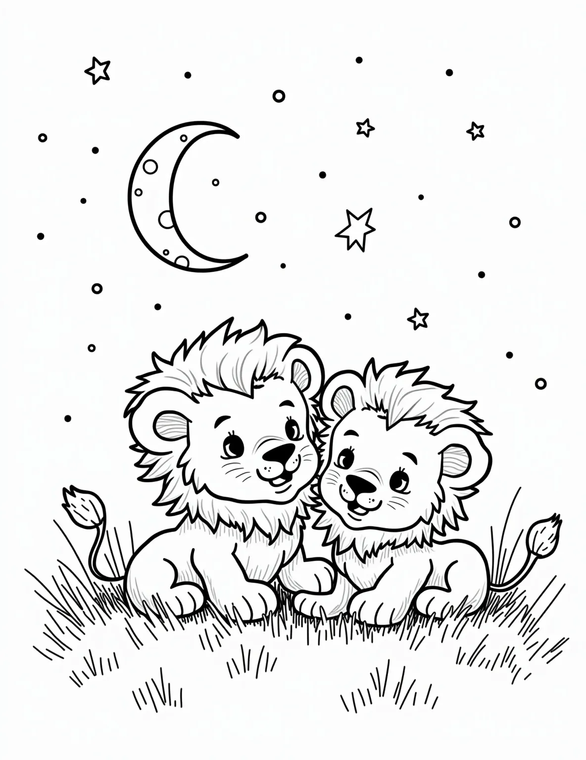 Lions in the Starry Night -- prompt: "black lines only Two playful lion cubs lounging beneath twinkling stars and crescent moon. Thick outlines define their fluffy manes and paws. Swirling patterns adorn night sky. Simple shapes create savanna grass. Bold, child-friendly design perfect for coloring. Joyful expression on lions' faces. Coloring book page flat black lines, premium coloring page, coloring sheet, line drawing, Coloring Book, NO COLOR, NO SHADING, WHITE BACKGROUND. NO GRAY, BLACK AND WHITE, NO COLOR" -- This dreamlike scene shows a pair of lions resting under a starry night sky. The lions' silhouettes are prominent against the twinkling stars and crescent moon. This page offers a chance to experiment with darker colors and night sky effects.