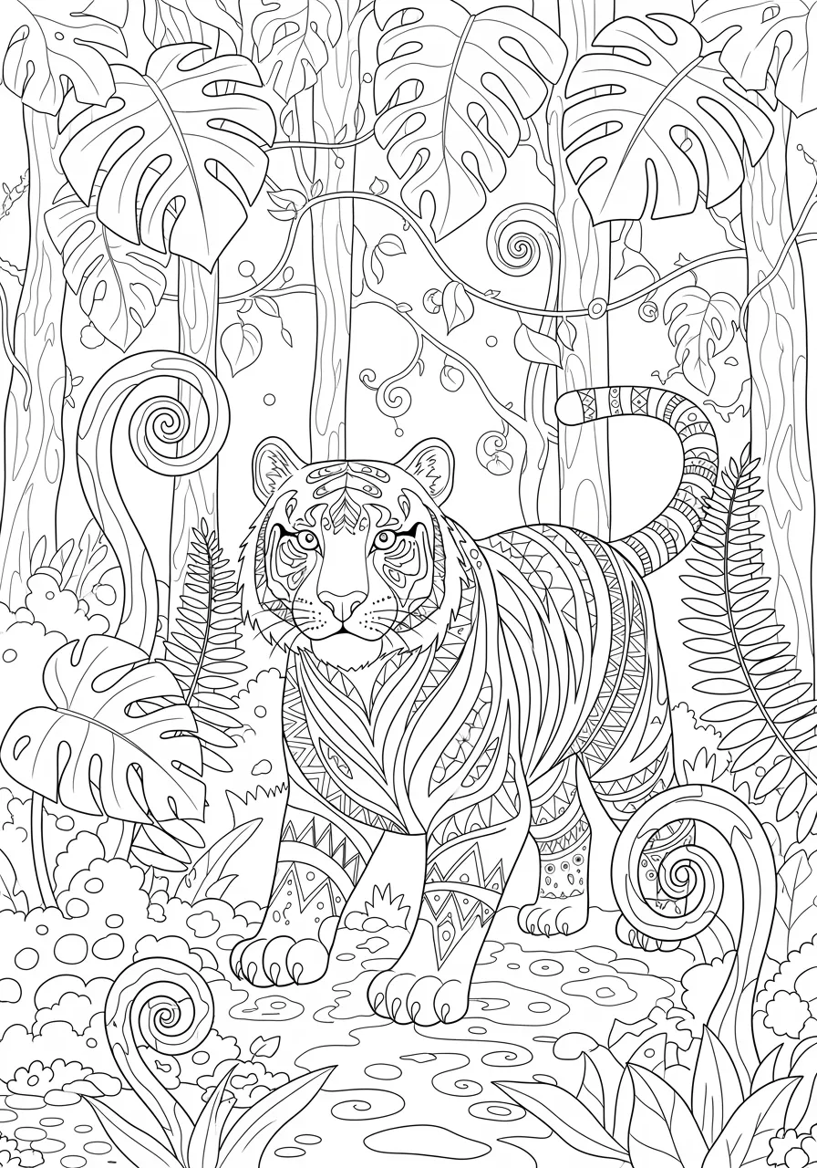 Complex Zentangle Tiger Jungle Coloring Page -- prompt: "black lines only Majestic tiger adorned with bold zentangle mandalas and geometric triangles strolls through tropical jungle paradise, surrounded by oversized monstera leaves, curling fern fronds, and twisted vines, perfect black outlines for cheerful coloring book adventures flat black lines, premium coloring page, coloring sheet, line drawing, Coloring Book, NO COLOR, NO SHADING, WHITE BACKGROUND. NO GRAY, BLACK AND WHITE, NO COLOR" -- This sophisticated adult coloring page presents a powerful tiger filled with intricate zentangle patterns while prowling through detailed jungle foliage. The tiger's stripes are replaced with elaborate geometric designs that flow throughout its muscular form. Advanced colorists will appreciate the complex interplay between the realistic jungle setting and abstract patterns.