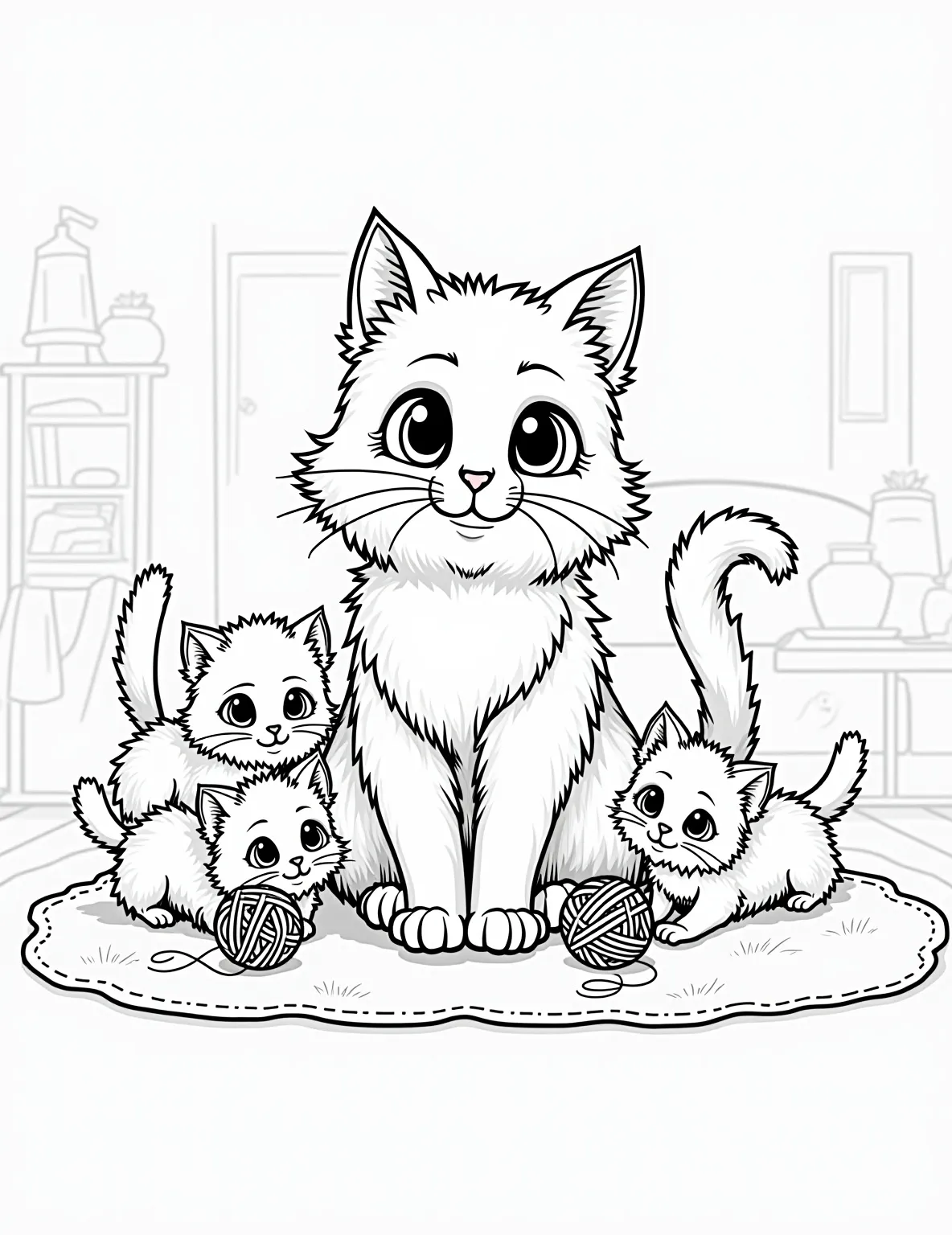 Cartoon Cat Family Coloring Page -- prompt: "black lines only Adorable mother cat with oversized eyes and fluffy fur, surrounded by three mischievous kittens with exaggerated paws and whiskers. Bold outlines define each character, with simple shapes and patterns perfect for coloring. Playful scene set in cozy living room, featuring yarn balls and cat toys. flat black lines, premium coloring page, coloring sheet, line drawing, Coloring Book, NO COLOR, NO SHADING, WHITE BACKGROUND. NO GRAY, BLACK AND WHITE, NO COLOR" -- Delight in this heartwarming scene of a cartoon cat family. Featuring a mother cat and her kittens in playful poses, this page captures the joy of feline family life. It's an excellent choice for those who enjoy cartoon cat coloring templates and want a page that tells a sweet story.