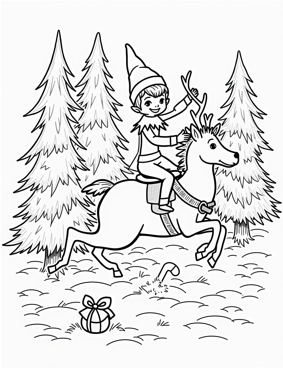 Elf's Reindeer Riding Rodeo -- prompt: "black lines only Cheerful Elf on Shelf astride prancing reindeer, bold outlines perfect for coloring. Curious reindeer peers from behind snow-capped pines. Large, simple shapes with playful details: jingle bells, candy canes, and snowflakes. Festive scene begs for vibrant hues. A merry coloring page for all ages, style fun coloring book. flat black lines, premium coloring page, coloring sheet, line drawing, Coloring Book, NO COLOR, NO SHADING, WHITE BACKGROUND. NO GRAY, BLACK AND WHITE, NO COLOR" -- Yee-haw! This hilarious coloring page captures our Elf on the Shelf attempting to ride one of Santa's reindeer. The elf is holding on for dear life as the reindeer prances about, creating a comical scene. In the background, other reindeer watch with amusement, adding to the festive fun.