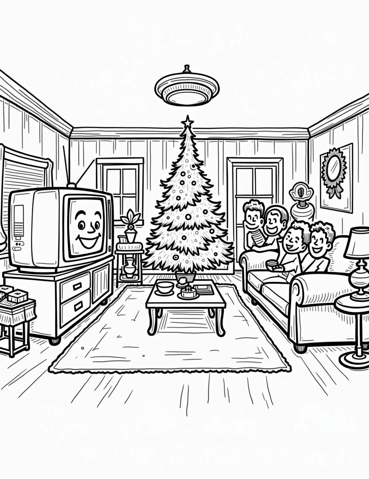 Retro Christmas TV Special Coloring Page -- prompt: "black lines only Cheerful 1960s living room outlined in bold black strokes. Family with exaggerated smiles watching boxy TV. Retro Christmas tree, tinsel, and stockings. Cartoon-style furniture and decor. Empty spaces await coloring. Nostalgic scene captures holiday magic in simple, fun designs. Coloring book page flat black lines, premium coloring page, coloring sheet, line drawing, Coloring Book, NO COLOR, NO SHADING, WHITE BACKGROUND. NO GRAY, BLACK AND WHITE, NO COLOR" -- Take a nostalgic trip back to the golden age of Christmas TV specials with this vintage-inspired coloring page. The scene captures a classic living room with a family gathered around an old television set, watching beloved holiday characters come to life. It's a heartwarming tribute to cherished Christmas memories that both kids and adults will enjoy bringing to life with color.