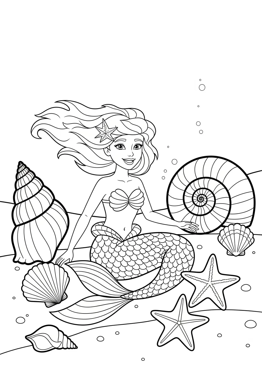 Elegant Mermaid's Seashell Collection Coloring Page -- prompt: "black lines only A smiling mermaid with flowing hair sits cross-legged on sandy ocean floor, surrounded by spiral conch shells, scallops, and starfish. Bold black outlines, simple shapes, and large empty spaces perfect for coloring create cheerful underwater scene. flat black lines, premium coloring page, coloring sheet, line drawing, Coloring Book, NO COLOR, NO SHADING, WHITE BACKGROUND. NO GRAY, BLACK AND WHITE, NO COLOR" -- This sophisticated coloring page features a mermaid admiring her beautiful seashell collection on a sandy ocean floor. Various shell types and sizes create interesting textures and shapes to color. The peaceful underwater setting encourages calm, focused coloring time.
