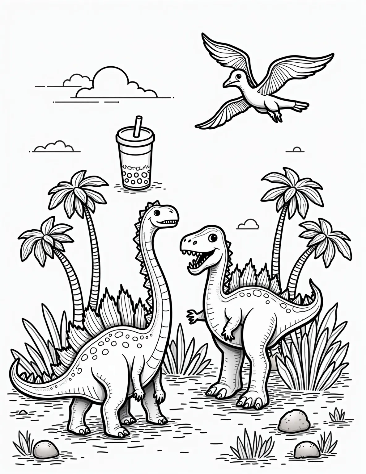 Boba Tea Dinosaur Land Coloring Page -- prompt: "black lines only Playful coloring page featuring a Jurassic jungle scene. Boba-cup stegosaurus roams beside tapioca-pearl plants. Straw-necked brachiosaurus reaches for bubble tea leaf trees. Simplified outlines and bold patterns create a charming, child-friendly prehistoric world ready for colorful imagination. flat black lines, premium coloring page, coloring sheet, line drawing, Coloring Book, NO COLOR, NO SHADING, WHITE BACKGROUND. NO GRAY, BLACK AND WHITE, NO COLOR" -- Journey back to prehistoric times in Boba Dinosaur Land! This page features dinosaurs creatively made from boba tea elements. Spot the Boba-saurus Rex with a cup body and straw spikes, and the Ptero-boba soaring through the sky with bubble wing membranes.