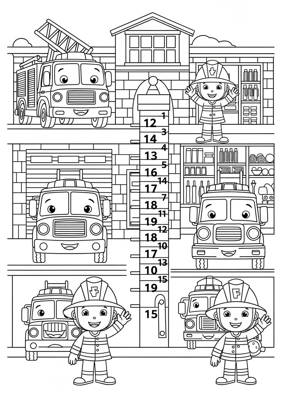 Number Fire Station Emergency Coloring Page -- prompt: "black lines only Fun coloring book page featuring cheerful fire station with bold outlines, numbered sliding poles 1-15, smiling cartoon fire trucks displaying station numbers, organized equipment compartments with clear numbering, friendly firefighter characters, simple geometric shapes, thick black lines perfect for crayons flat black lines, premium coloring page, coloring sheet, line drawing, Coloring Book, NO COLOR, NO SHADING, WHITE BACKGROUND. NO GRAY, BLACK AND WHITE, NO COLOR" -- Sound the alarm at the number fire station where brave firefighters slide down poles numbered 1 to 15! Fire trucks display their station numbers prominently while emergency equipment is organized in numbered compartments. This heroic scene teaches children about community helpers while practicing number recognition.