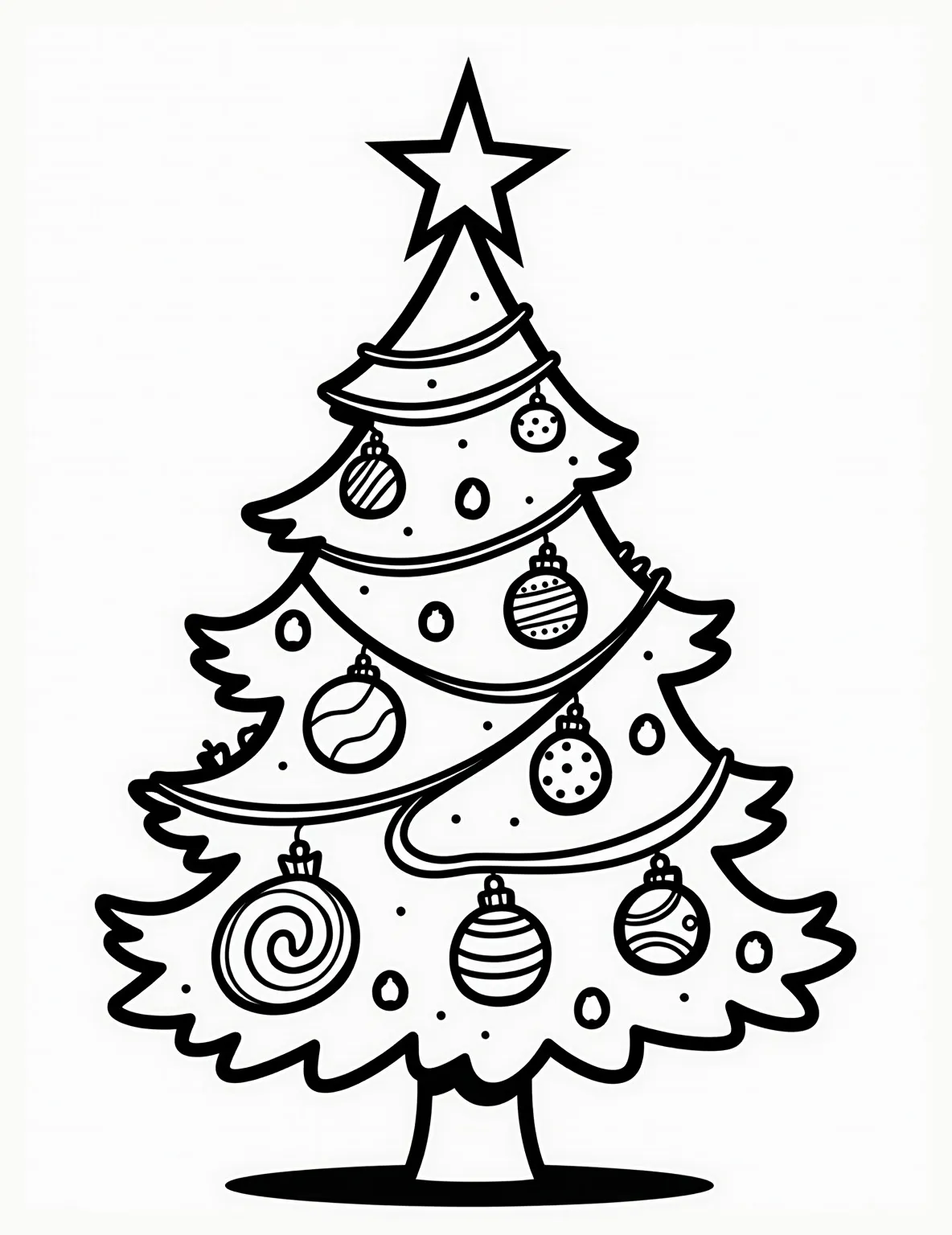 Festive Christmas Tree Lights Coloring Page -- prompt: "black lines only A jolly Christmas tree bursting with playful shapes for coloring. Swirling light strings, ornaments of various sizes, and a bold star topper. Thick outlines define each element, creating a festive maze of holiday cheer. Perfect for bringing yuletide joy to life with crayons. flat black lines, premium coloring page, coloring sheet, line drawing, Coloring Book, NO COLOR, NO SHADING, WHITE BACKGROUND. NO GRAY, BLACK AND WHITE, NO COLOR" -- A majestic Christmas tree takes center stage in this coloring page, its branches adorned with strands of twinkling lights. Ornaments and a shining star topper complete the scene, offering a classic holiday image. This page allows for creative color combinations in both the lights and ornaments.