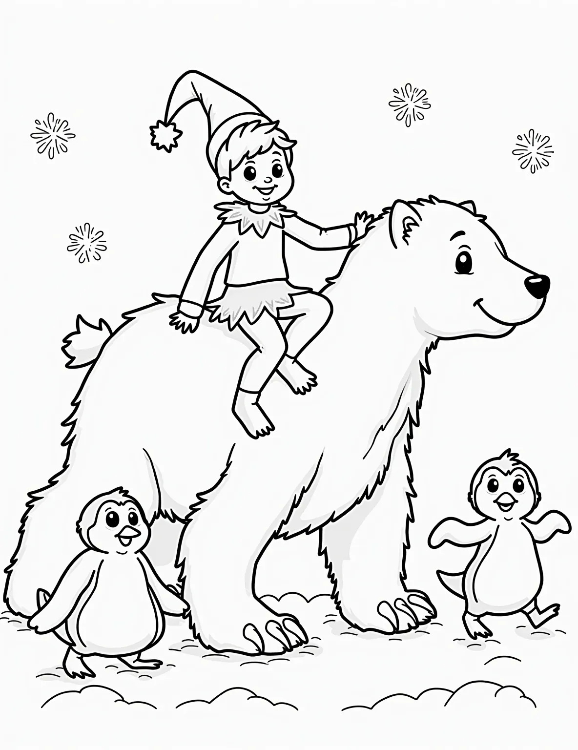 Elf's Polar Bear Ride -- prompt: "black lines only Playful Elf on the Shelf character joyfully riding a fluffy polar bear, surrounded by waddling penguins. Arctic landscape with simple, bold outlines. Snowflakes and icicles frame the scene. Large, easy-to-color shapes perfect for children. Cheerful expressions on all characters. flat black lines, premium coloring page, coloring sheet, line drawing, Coloring Book, NO COLOR, NO SHADING, WHITE BACKGROUND. NO GRAY, BLACK AND WHITE, NO COLOR" -- Embark on an Arctic adventure with our Elf on the Shelf in this thrilling coloring page. The elf is pictured riding on the back of a friendly polar bear, surrounded by icy glaciers and playful penguins. The contrasting sizes of the elf and bear create a charming and whimsical scene.