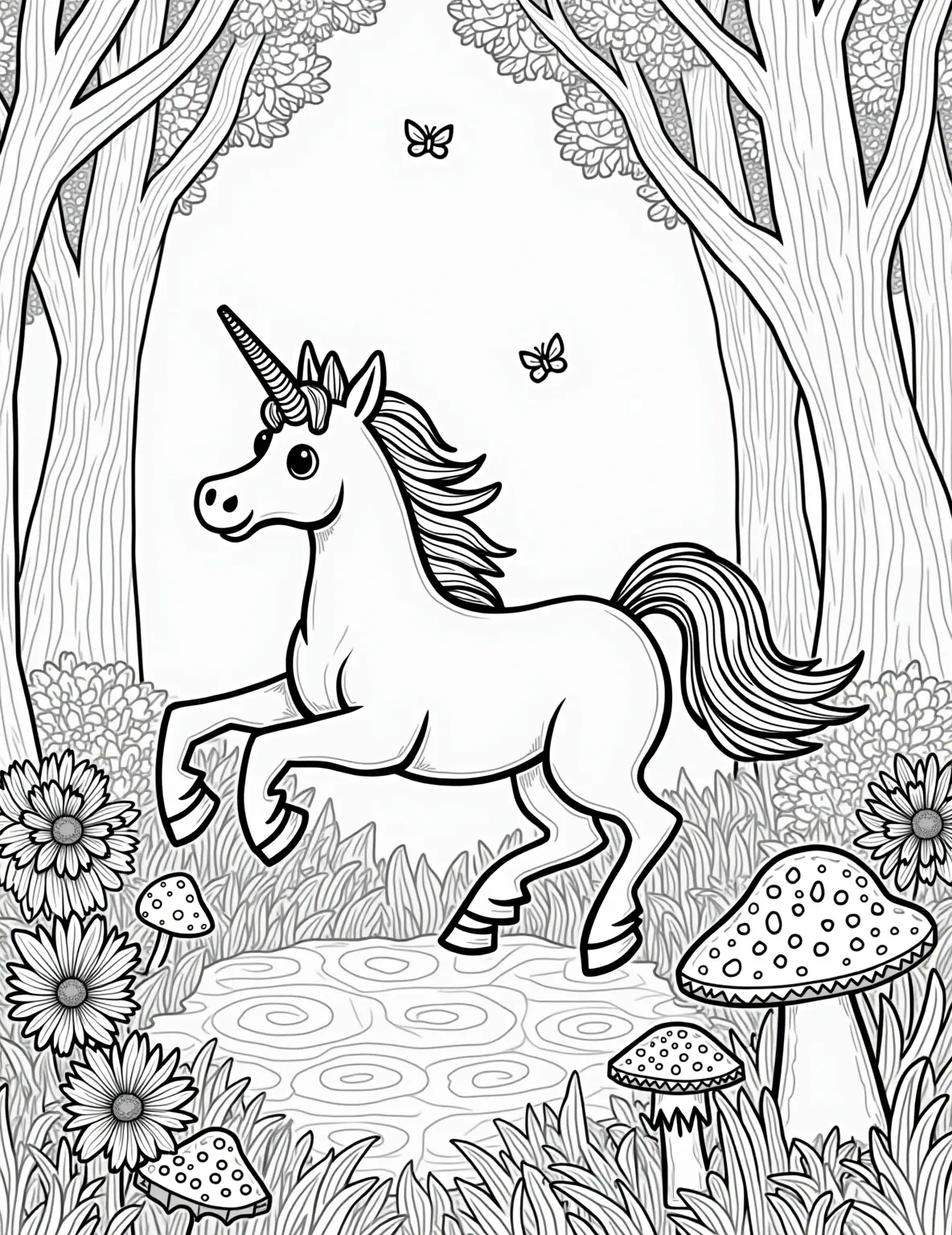 Majestic Unicorn's Rainbow Forest Coloring Page -- prompt: "black lines only Enchanting coloring book page: Cheerful unicorn prances through whimsical forest. Rainbow-hued tree outlines invite creativity. Oversized flowers with bold petals and quirky mushrooms dot the landscape. Glittering accents and swirling patterns fill empty spaces. Magical scene begs for vibrant colors. flat black lines, premium coloring page, coloring sheet, line drawing, Coloring Book, NO COLOR, NO SHADING, WHITE BACKGROUND. NO GRAY, BLACK AND WHITE, NO COLOR" -- Enter a magical world with this enchanting unicorn coloring page. The graceful unicorn is prancing through a whimsical forest filled with rainbow-colored trees and sparkling flowers. This more detailed page is perfect for older children and adults who enjoy creating fantastical scenes.