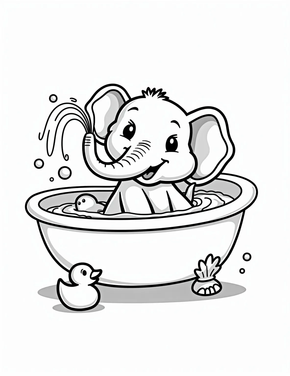 Baby Elephant's Bubble Bath -- prompt: "black lines only Adorable baby elephant splashing in bubble-filled bathtub, trunk spraying water playfully. Thick black outlines define cheerful scene. Simple shapes, minimal shading. Large, empty spaces await coloring. Rubber ducky floats nearby. Bathtub claw feet visible. Joyful expression on elephant's face. Remember to complete flat black lines, premium coloring page, coloring sheet, line drawing, Coloring Book, NO COLOR, NO SHADING, WHITE BACKGROUND. NO GRAY, BLACK AND WHITE, NO COLOR" -- Dive into the fun with this delightful coloring page featuring a baby elephant taking a bubble bath. The elephant's joyful expression and the surrounding bubbles create a whimsical atmosphere. This page is ideal for younger children who love cute animals and simple, playful scenes.