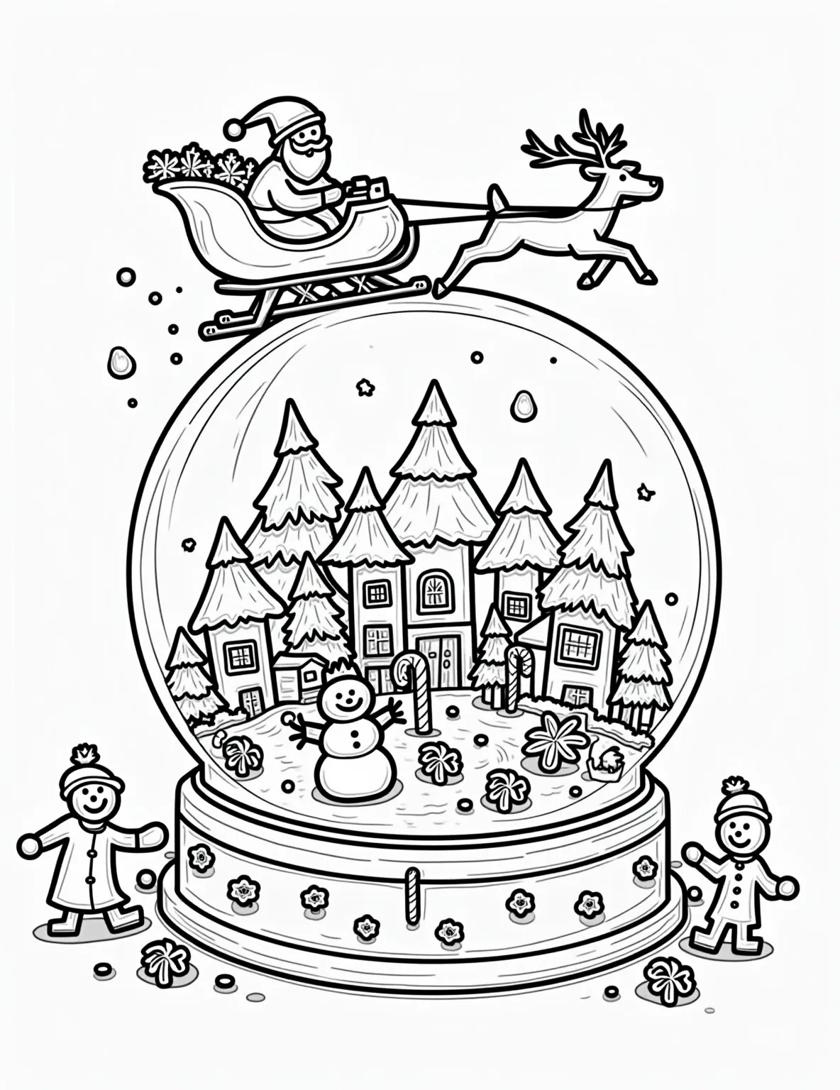 Snow Globe Magic Coloring Page -- prompt: "black lines only Coloring page of giant snow globe. Bold outlines frame miniature Christmas village inside. Toy-like houses, trees, snowmen. Santa's sleigh soars above, reindeer in formation. Swirling snowflakes, candy canes, and gingerbread men border the globe. Cheerful elves decorate scene. Coloring book style with simple shapes flat black lines, premium coloring page, coloring sheet, line drawing, Coloring Book, NO COLOR, NO SHADING, WHITE BACKGROUND. NO GRAY, BLACK AND WHITE, NO COLOR" -- Enter a world of wonder with this enchanting snow globe coloring page. The scene inside the globe depicts a miniature Christmas village, complete with a tiny Santa flying overhead. It's a magical way to capture the essence of Christmas in a single image.