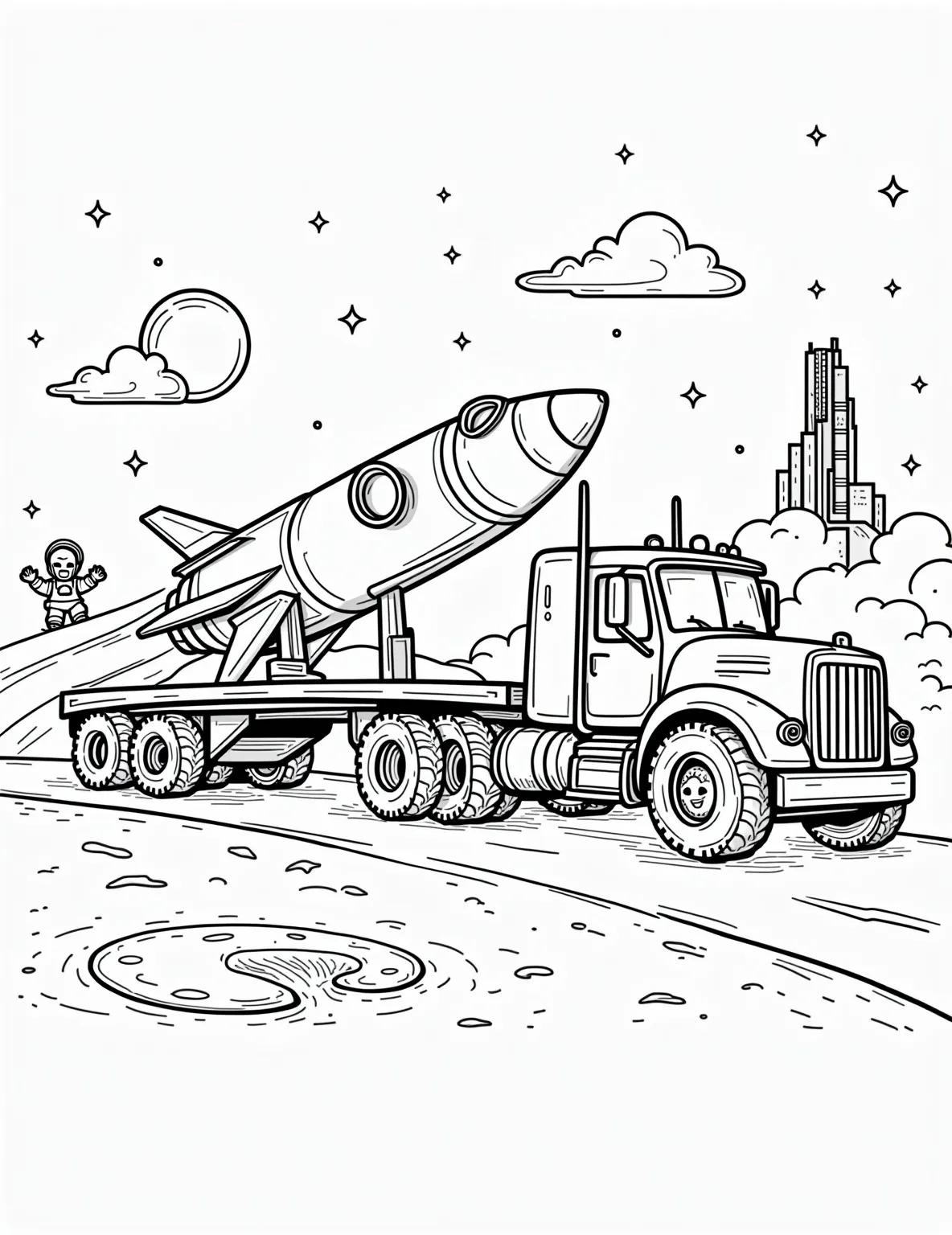 Rocket Transport Truck -- prompt: "black lines only Outline-style coloring page: Massive flatbed truck with bold, chunky tires hauling a sleek space rocket. Curvy road winds through starry landscape. Distant launch pad with gantry tower. Cheerful sun and puffy clouds. Astronauts waving. Playful alien peeking from crater. flat black lines, premium coloring page, coloring sheet, line drawing, Coloring Book, NO COLOR, NO SHADING, WHITE BACKGROUND. NO GRAY, BLACK AND WHITE, NO COLOR" -- Reach for the stars with this Rocket Transport Truck coloring page! This specialized vehicle is shown carrying a space rocket to its launch site, combining earthbound and space-bound transportation. It's perfect for aspiring astronauts and space enthusiasts.