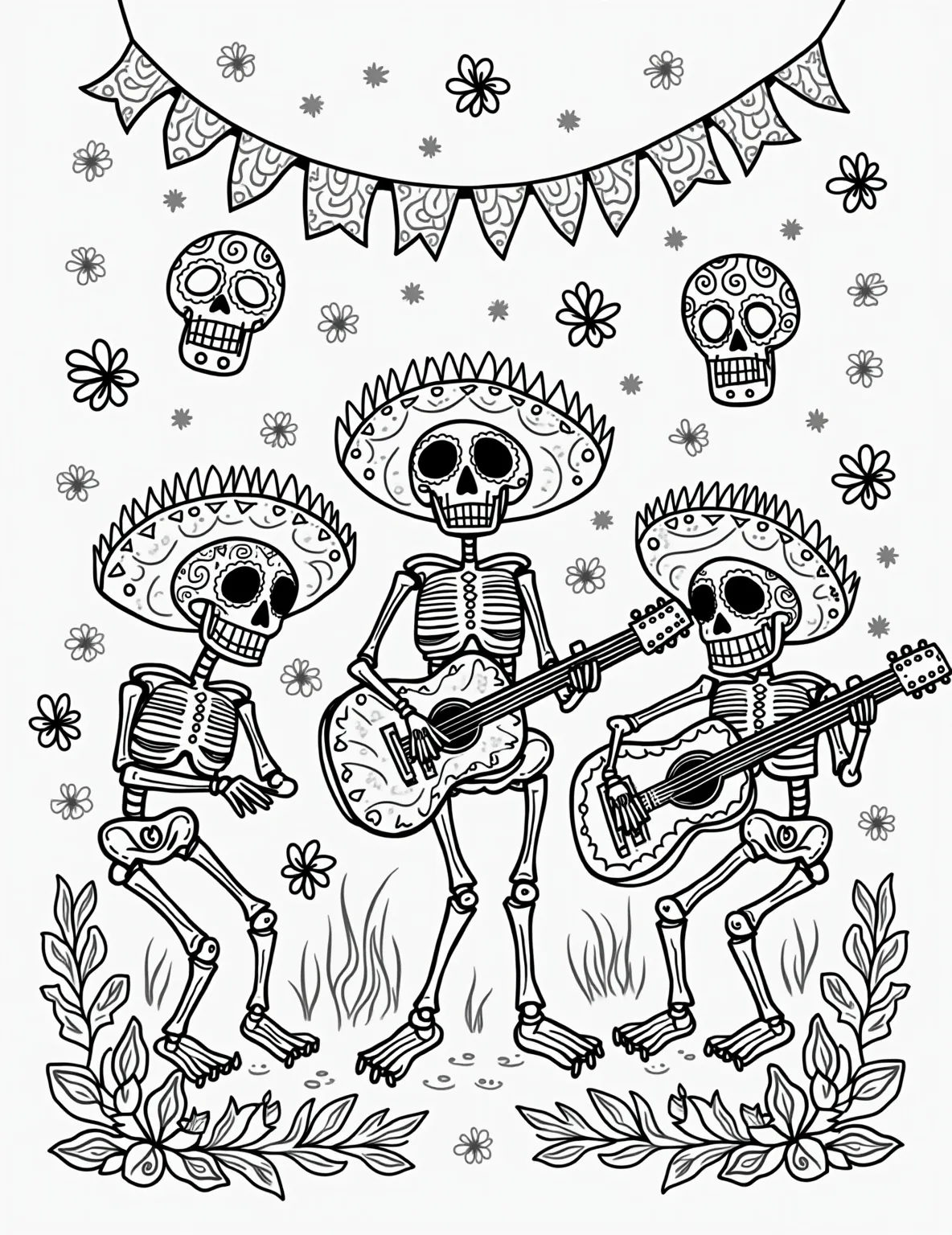 Dia de los Muertos Celebration -- prompt: "black lines only Dia de los Muertos festival scene: bold outlines frame sugar skull faces, marigold garlands, and ornate ancestor altars. Thick lines define candles, papel picado banners, and dancing skeletons. Empty spaces await vibrant colors, inviting imagination to bring the celebration to life. flat black lines, premium coloring page, coloring sheet, line drawing, Coloring Book, NO COLOR, NO SHADING, WHITE BACKGROUND. NO GRAY, BLACK AND WHITE, NO COLOR" -- Explore the rich traditions of Dia de los Muertos with this vibrant coloring page. The scene depicts a lively celebration with sugar skulls, marigolds, and traditional decorations. It's an excellent way to introduce children to diverse cultural celebrations related to Halloween.