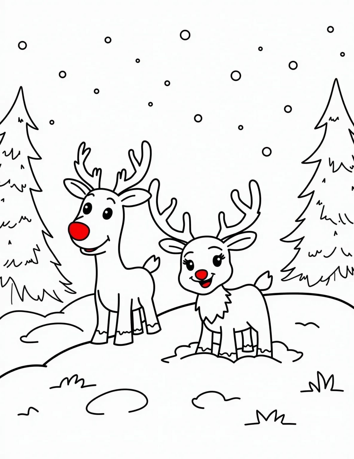 Rudolph to the Rescue -- prompt: "black lines only Rudolph's ruby-red nose illuminates a snowy forest scene. His reindeer friend, half-buried in fluffy snowdrifts, reaches out with exaggerated antlers. Thick, bold outlines define each element: pine trees, snowflakes, and expressive animal faces. Simple shapes and patterns create a charming, flat black lines, premium coloring page, coloring sheet, line drawing, Coloring Book, NO COLOR, NO SHADING, WHITE BACKGROUND. NO GRAY, BLACK AND WHITE, NO COLOR" -- Rudolph's heroic nature shines in this action-packed coloring page! It depicts Rudolph helping a fellow reindeer who's stuck in deep snow. With determination on his face and his nose glowing brightly to light the way, Rudolph demonstrates the true spirit of friendship and bravery.