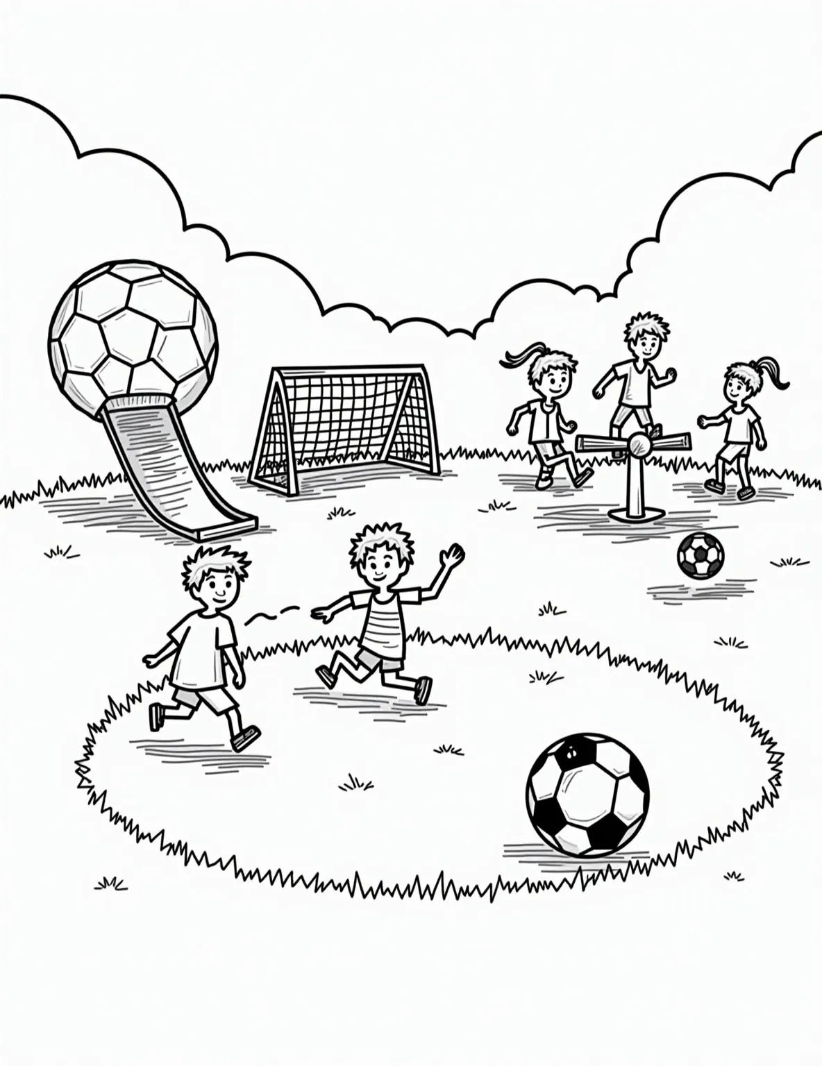 Soccer-Themed Playground -- prompt: "black lines only Playful coloring page featuring a soccer-themed playground. Giant soccer ball climber, goal post slide, whistle-shaped seesaw, and jersey-patterned merry-go-round. Cheerful children outlined in bold, simple strokes. Grassy field background with dotted lines for coloring. Fun, energetic scene for young sports enthusiasts to bring to life with crayons. flat black lines, premium coloring page, coloring sheet, line drawing, Coloring Book, NO COLOR, NO SHADING, WHITE BACKGROUND. NO GRAY, BLACK AND WHITE, NO COLOR" -- This fun coloring page depicts a children's playground with a soccer theme. Slide poles are designed like goal posts, climbing frames look like soccer balls, and benches are shaped like cleats. This whimsical page encourages imaginative coloring and could inspire real-world playground designs.