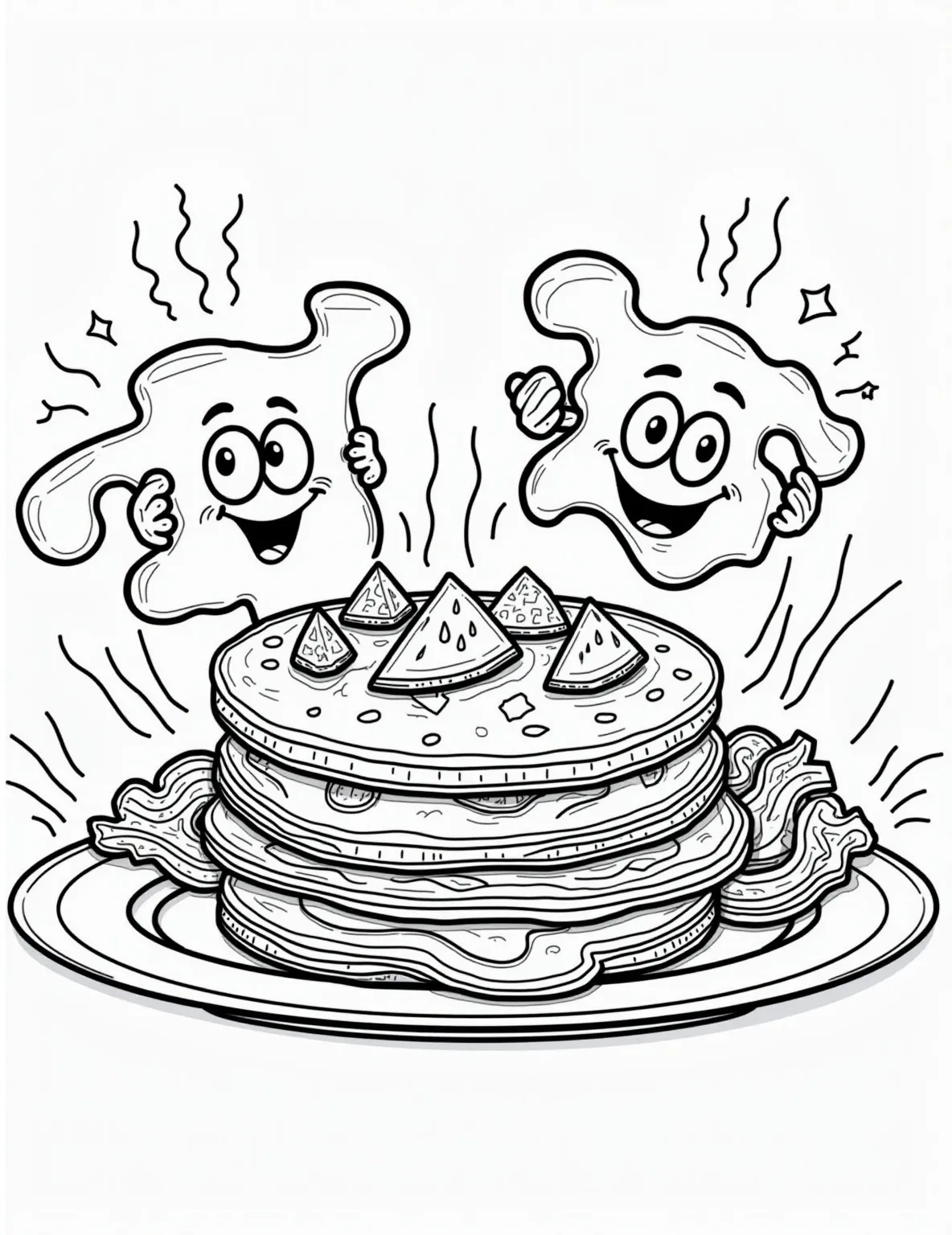 Breakfast of Champions Coloring Page -- prompt: "black lines only Cheerful breakfast table bursting with cartoonish foods. Smiling sunny-side-up eggs, curly bacon strips, fluffy stack of pancakes dripping syrup, crispy toast triangles, and vibrant fruit bowl. Bold outlines, simple shapes, and playful patterns perfect for coloring. Inviting scene radiates morning joy. flat black lines, premium coloring page, coloring sheet, line drawing, Coloring Book, NO COLOR, NO SHADING, WHITE BACKGROUND. NO GRAY, BLACK AND WHITE, NO COLOR" -- Start your day right with our Breakfast of Champions coloring page! This hearty scene showcases a complete breakfast spread including eggs, bacon, pancakes, and fresh fruit. It's a mouthwatering coloring adventure that celebrates the most important meal of the day.