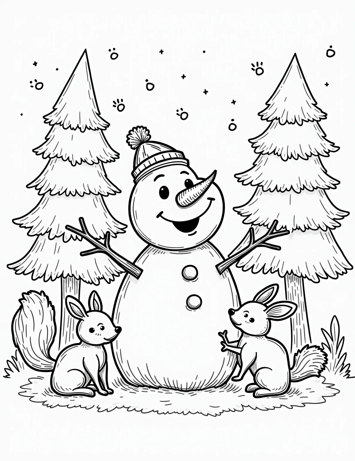 Snowman and Forest Animals Coloring Page -- prompt: "black lines only Joyful forest scene coloring page. Cheerful snowman centerpiece with carrot nose and stick arms. Playful rabbits, wide-eyed squirrels, gentle deer gather around. Pine trees frame the clearing. Bold outlines, simple shapes for easy coloring. Woodland wonderland awaits vibrant hues. flat black lines, premium coloring page, coloring sheet, line drawing, Coloring Book, NO COLOR, NO SHADING, WHITE BACKGROUND. NO GRAY, BLACK AND WHITE, NO COLOR" -- This enchanting scene brings together a friendly snowman and his woodland neighbors. Surrounded by curious rabbits, playful squirrels, and a majestic deer, this coloring page celebrates the magic of winter wildlife. It's perfect for nature lovers and animal enthusiasts!