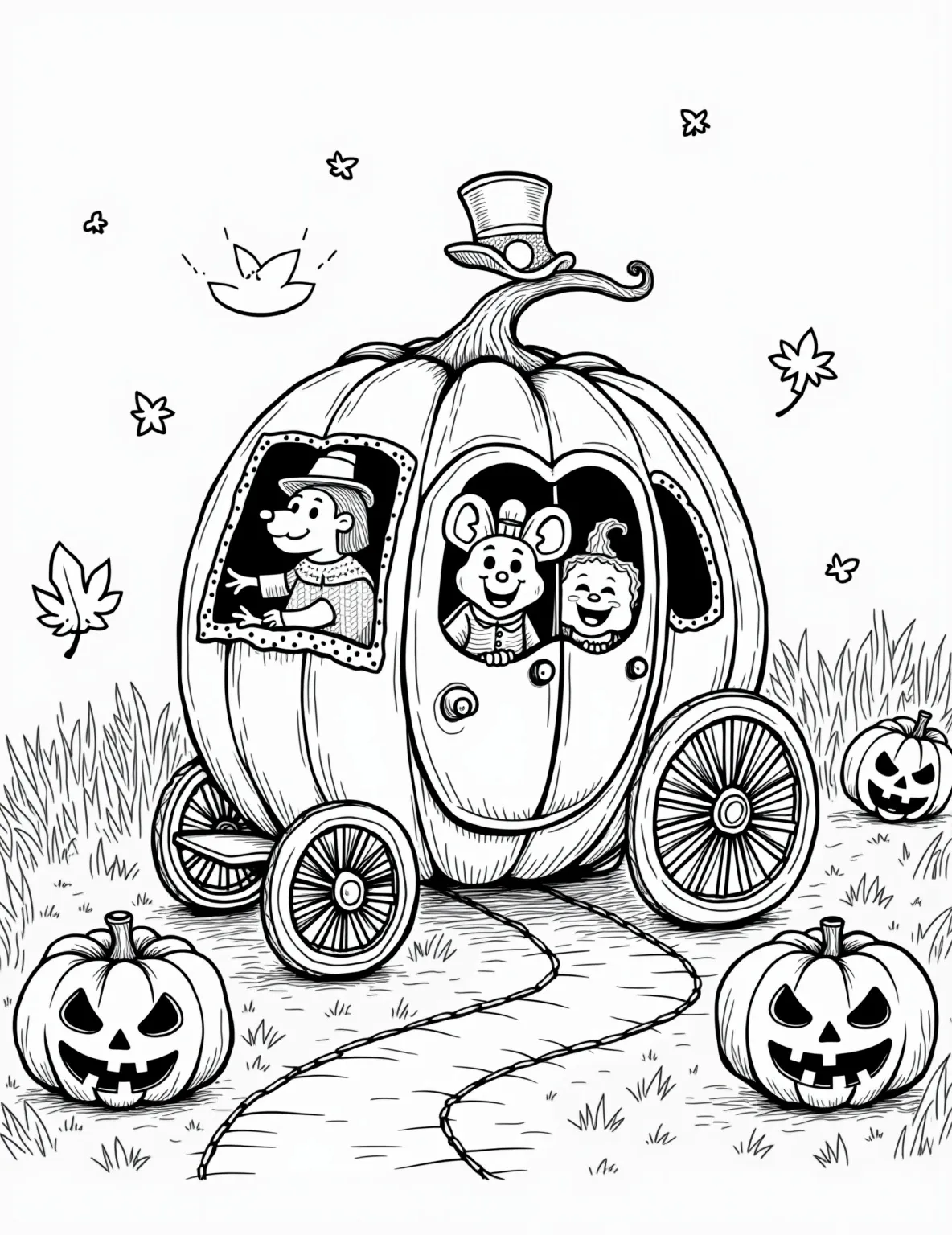 Enchanted Pumpkin Carriage -- prompt: "black lines only Enchanted pumpkin carriage with swirling vine wheels and leafy accents. Cheerful mouse coachman in top hat. Excited costumed children peeking out windows. Jack-o'-lanterns illuminate path. Stylized Halloween motifs border scene. Bold outlines perfect for coloring. Magical autumn night atmosphere. flat black lines, premium coloring page, coloring sheet, line drawing, Coloring Book, NO COLOR, NO SHADING, WHITE BACKGROUND. NO GRAY, BLACK AND WHITE, NO COLOR" -- Step into a fairy tale world with this magical coloring page of a pumpkin carriage. The scene features an elaborate carriage made from a giant pumpkin, complete with vines for wheels and a mouse coachman, ready to take trick-or-treaters on a magical ride. This page is ideal for children who love fantasy and Halloween themes combined.