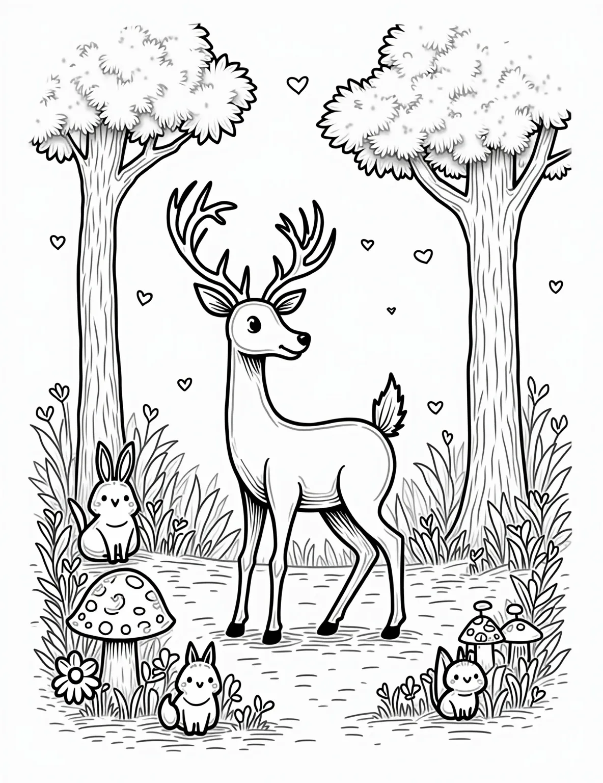 Graceful Deer in Misty Forest Coloring Page -- prompt: "black lines only Playful deer with exaggerated antlers stands in forest clearing. Simple, bold outlines perfect for coloring. Stylized trees, oversized ferns, and cartoonish mushrooms surround. Sunbeams peek through leaves. Cheerful woodland creatures hide in scene. Whimsical flowers dot foreground. Fun, child-friendly flat black lines, premium coloring page, coloring sheet, line drawing, Coloring Book, NO COLOR, NO SHADING, WHITE BACKGROUND. NO GRAY, BLACK AND WHITE, NO COLOR" -- Step quietly into nature with this serene deer coloring page. The elegant creature standing alert in a fog-shrouded forest clearing evokes the quiet beauty of dawn in the woods. Perfect for those who love forest animals and atmospheric nature scenes.