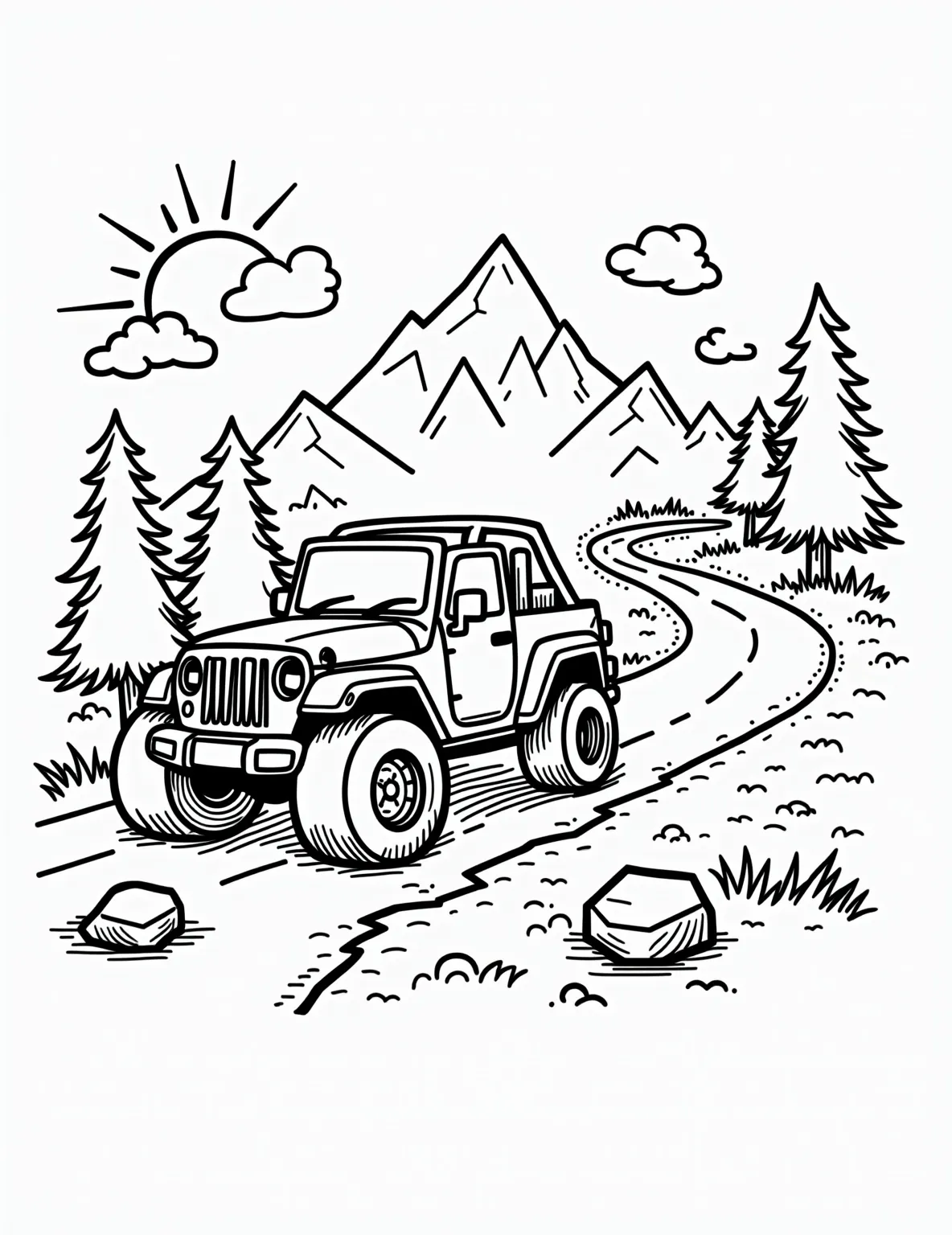 Off-Road Adventure Jeep -- prompt: "black lines only Chunky-lined Jeep bounces along winding mountain trail. Simplified pine trees frame the scene. Rounded boulders dot the path. Playful squiggles represent dust clouds. Bold outlines define rugged terrain. Empty spaces invite colorful imagination. Cheerful sun peeks from corner. Coloring book page inspires outdoor adventure. flat black lines, premium coloring page, coloring sheet, line drawing, Coloring Book, NO COLOR, NO SHADING, WHITE BACKGROUND. NO GRAY, BLACK AND WHITE, NO COLOR" -- Get ready for an off-road adventure with this rugged jeep. Set in a wilderness backdrop, this coloring page captures the spirit of exploration and outdoor fun. It's ideal for nature lovers and those who dream of venturing off the beaten path.