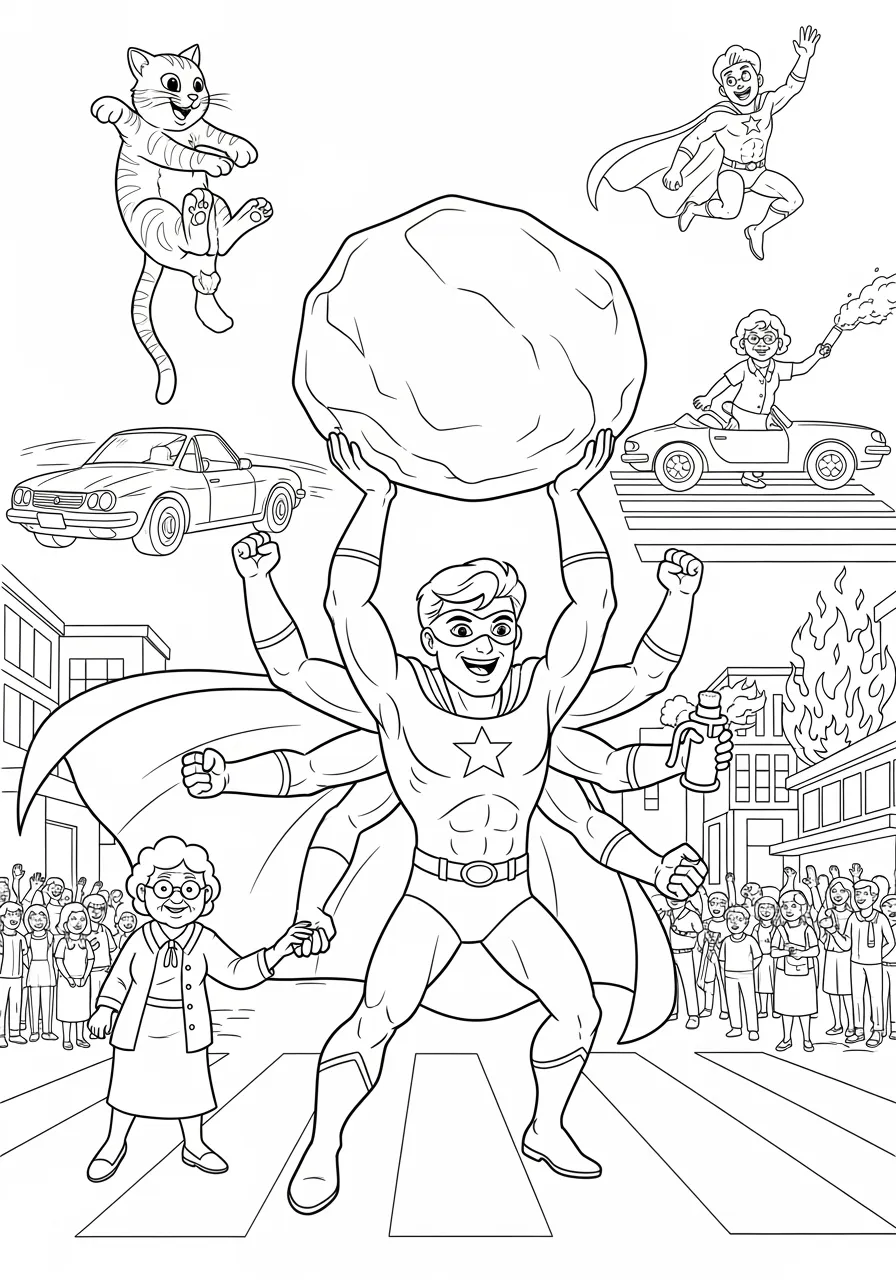 Multi-Armed Hero Juggling Multiple Tasks Coloring Page -- prompt: "black lines only Fun coloring book page featuring cheerful superhero with six muscular arms wearing cape and mask, simultaneously catching falling cat, lifting heavy boulder, stopping speeding car, helping elderly person cross street, putting out fire, and waving to cheering crowd below flat black lines, premium coloring page, coloring sheet, line drawing, Coloring Book, NO COLOR, NO SHADING, WHITE BACKGROUND. NO GRAY, BLACK AND WHITE, NO COLOR" -- This action-packed coloring page shows an incredible superhero with multiple arms simultaneously handling several heroic tasks at once. The hero expertly juggles rescue operations, stopping villains, and helping citizens with amazing coordination and skill. This busy scene provides plenty of detailed elements for colorists who love complex, engaging artwork.